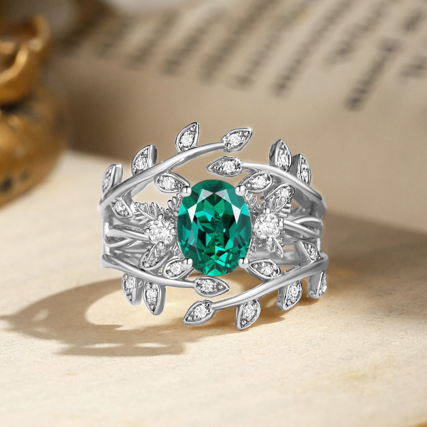 Léonie - Oval Cut Lab Emerald Leafy Enhancer Ring Set 2pcs