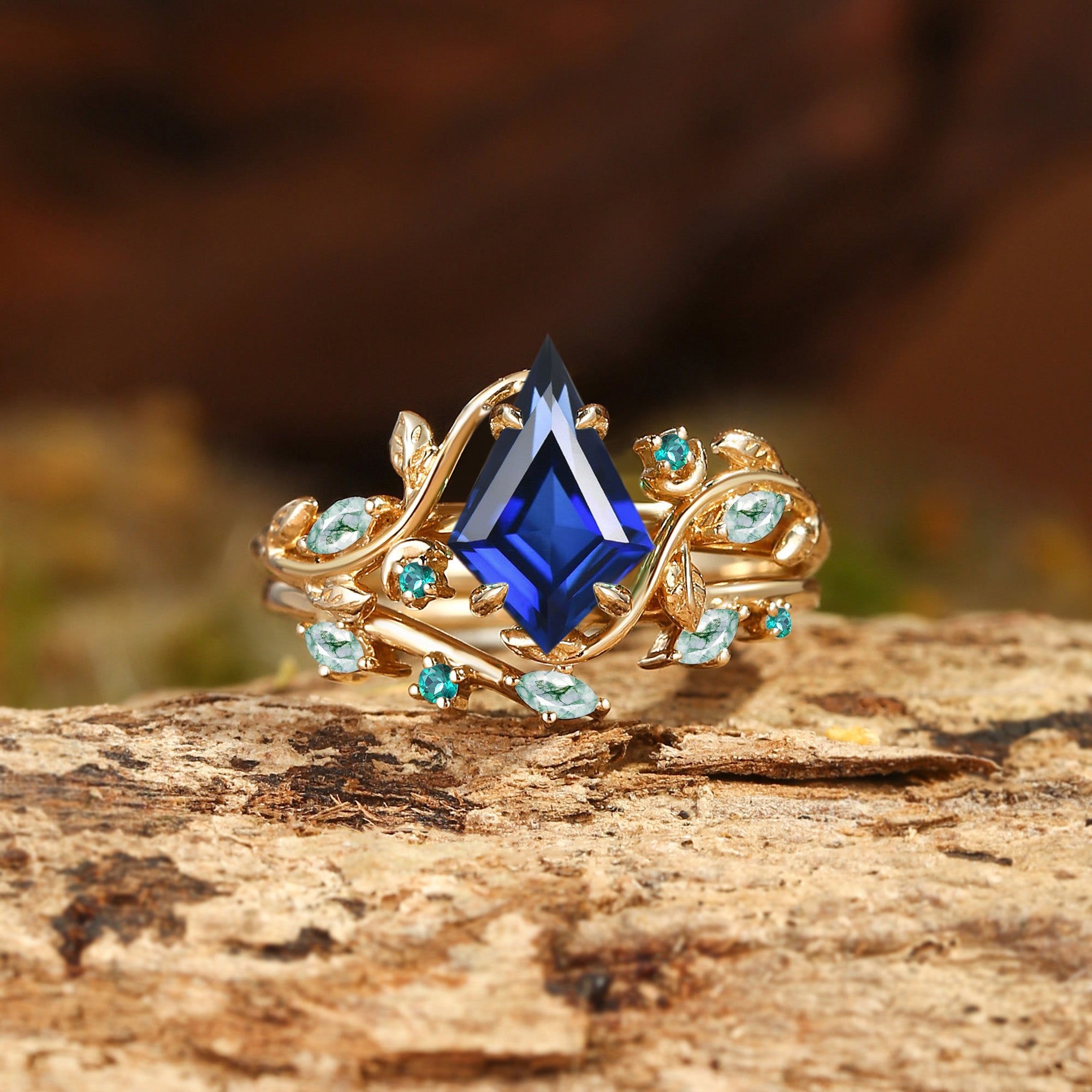 Diana - Kite Cut Sapphire Leaf-Inspired Moon Engagement Ring Set 2pcs