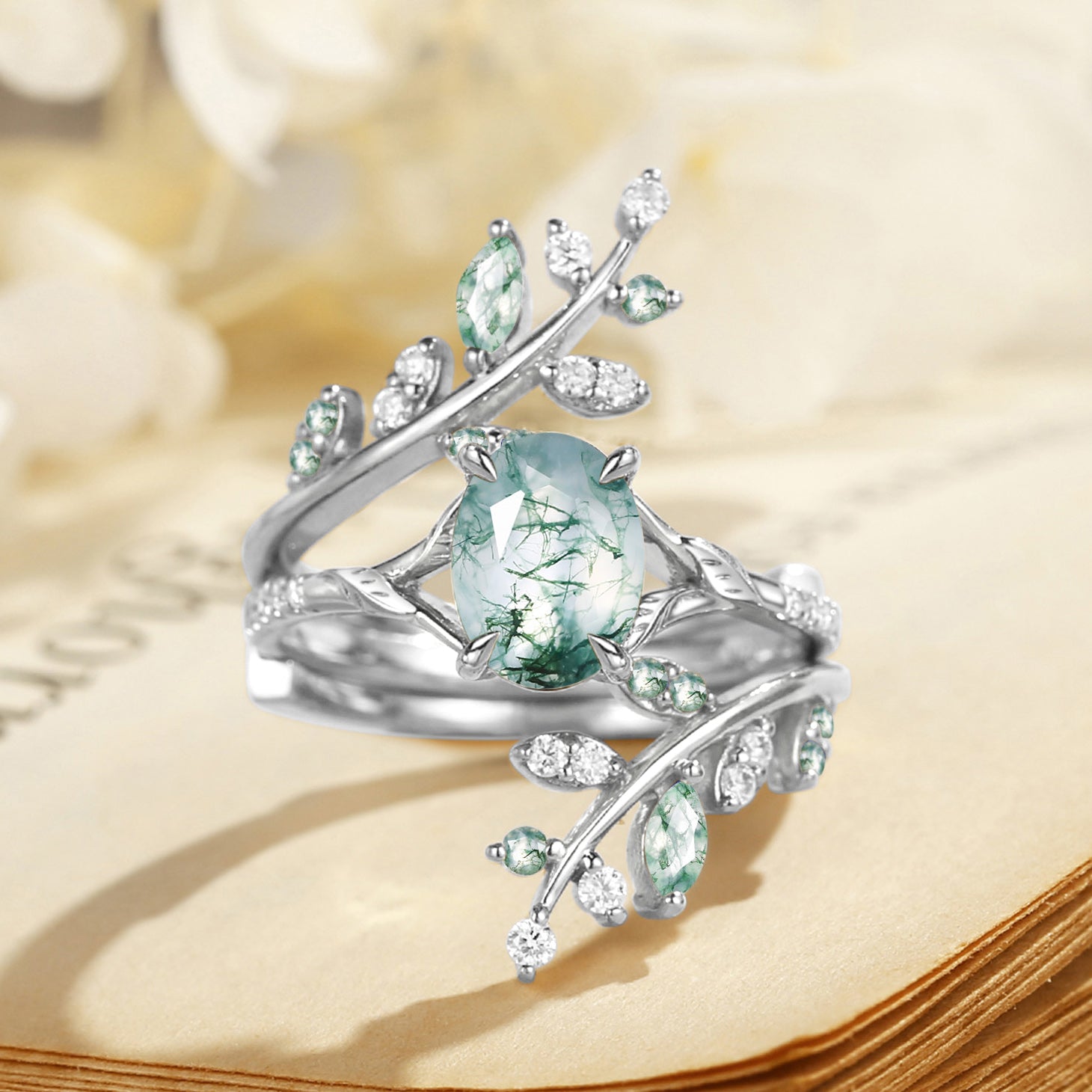 Daphne - Green Moss Agate Cluster Enhancer Ring Set 2pcs