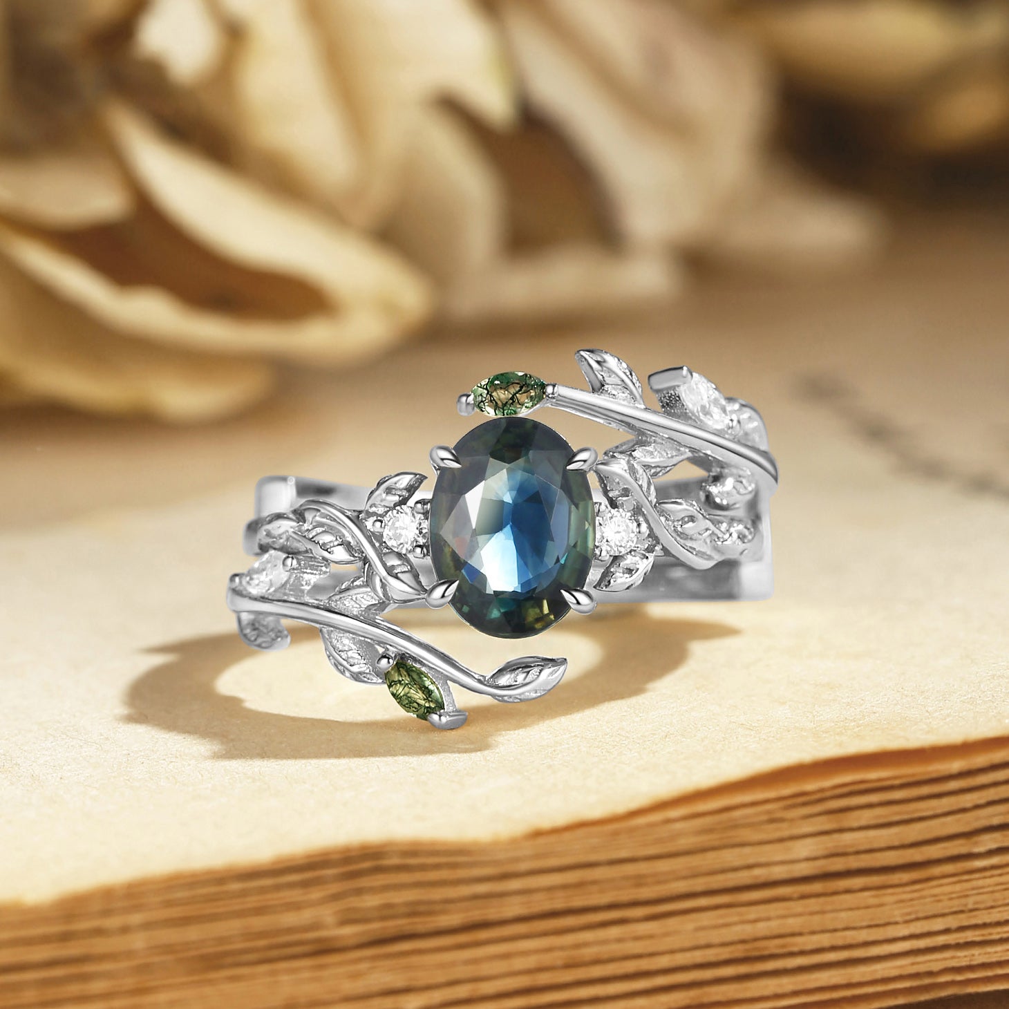 Helen - Blue Green Sapphire Leafy Engagement Ring Set 2pcs