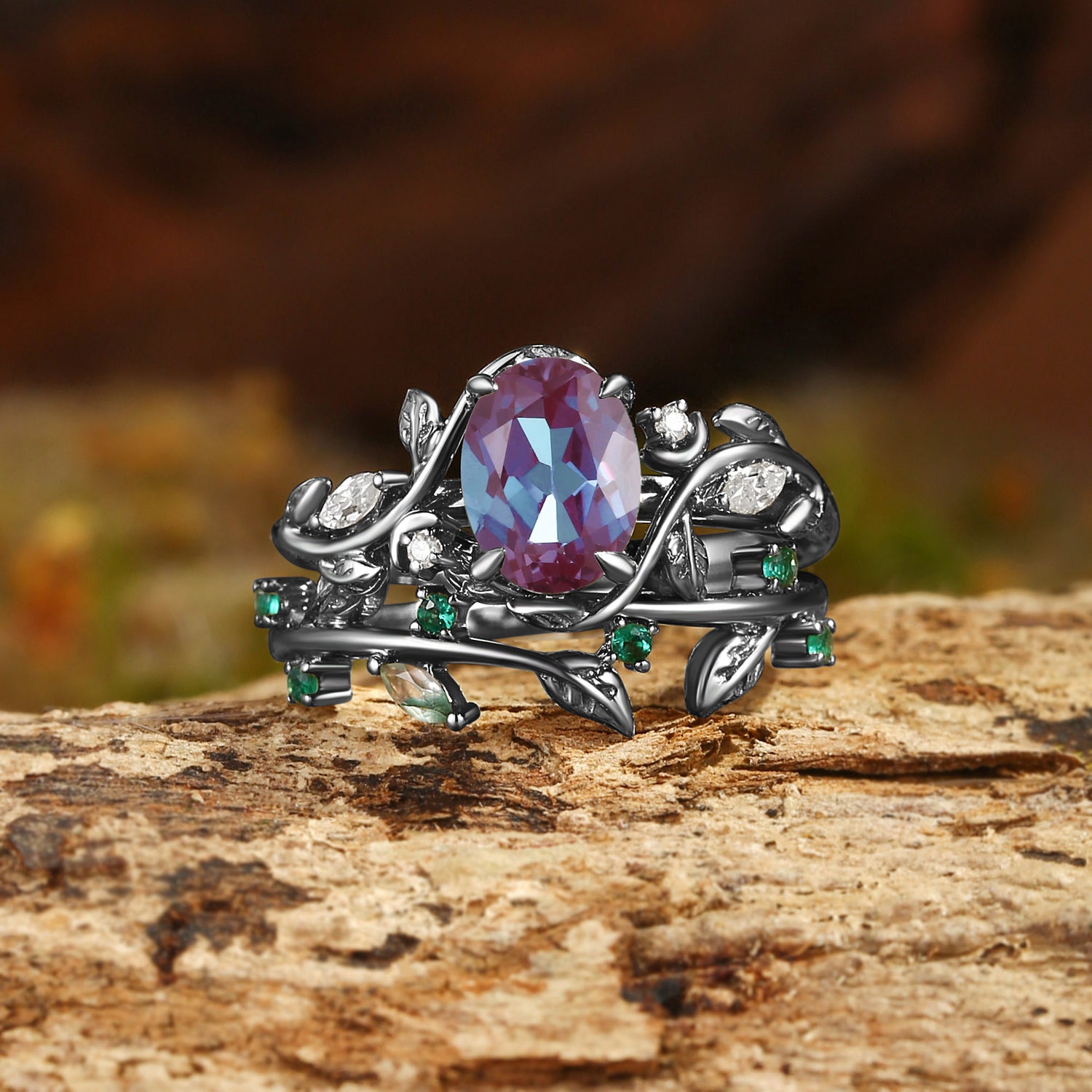 Désirée - Oval Cut Lab Alexandrite Branch Leafy Engagement Ring Set 2pcs