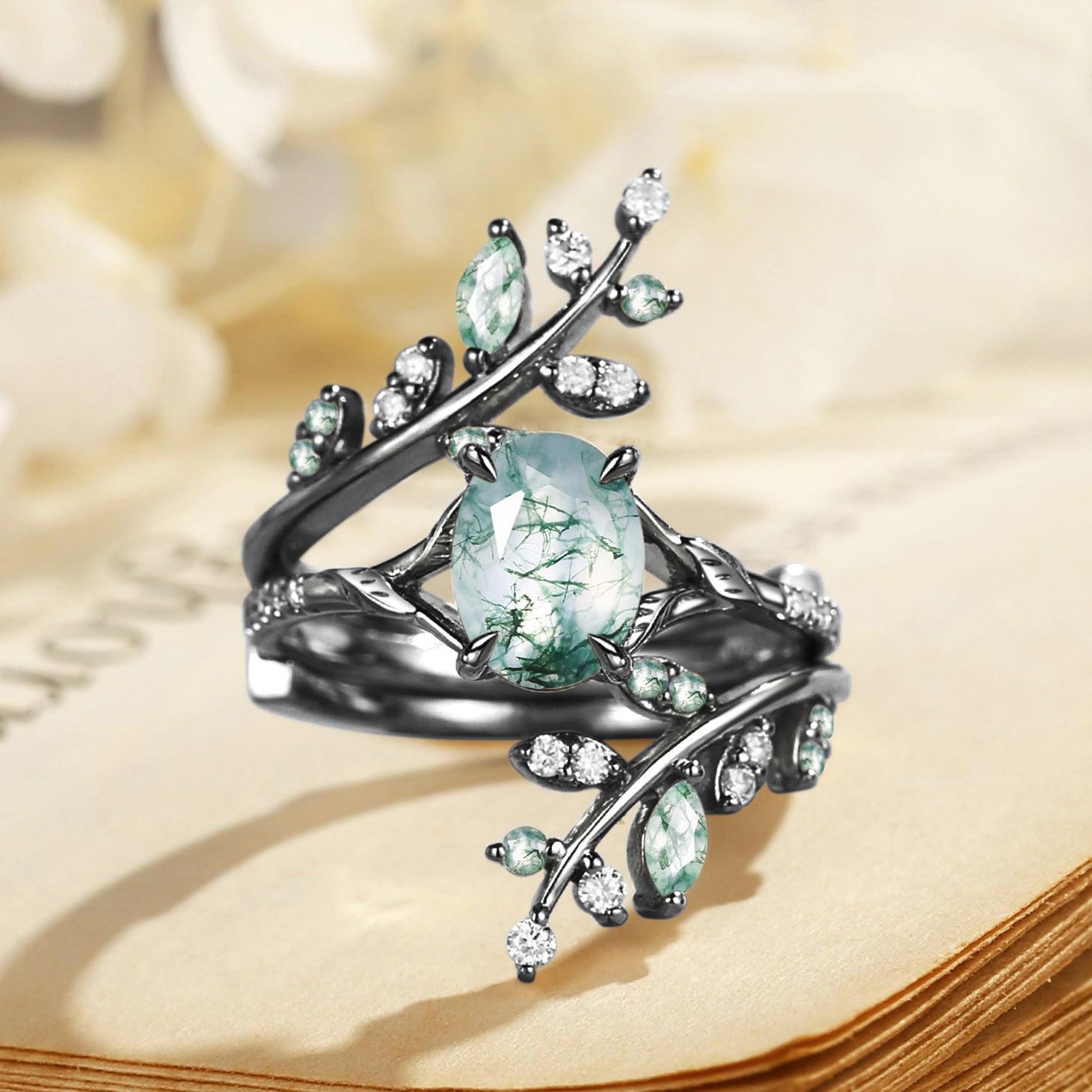 Daphne - Green Moss Agate Cluster Enhancer Ring Set 2pcs