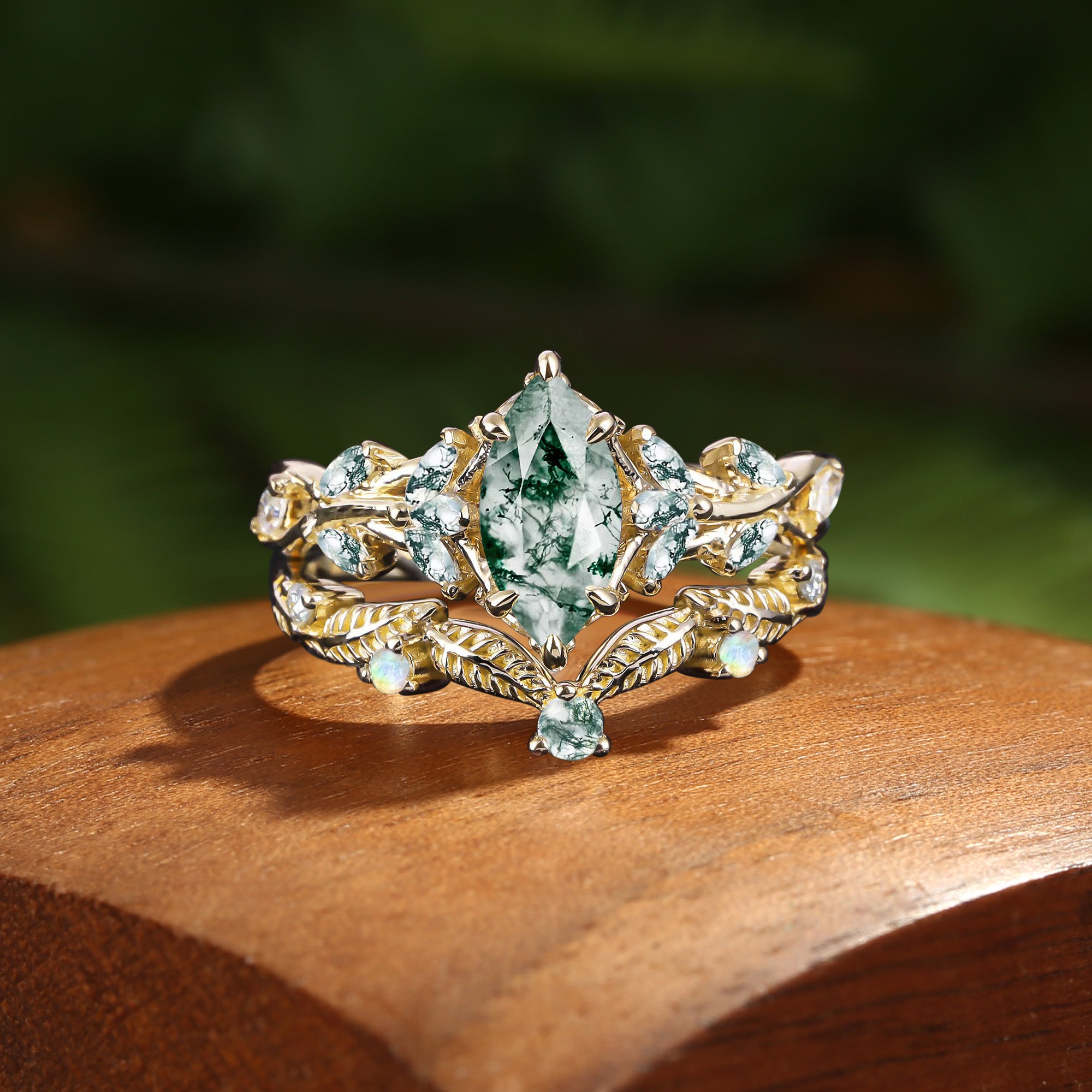 Willow - Nature Inspired Marquise Moss Agate Lush Leafy Engagement Ring