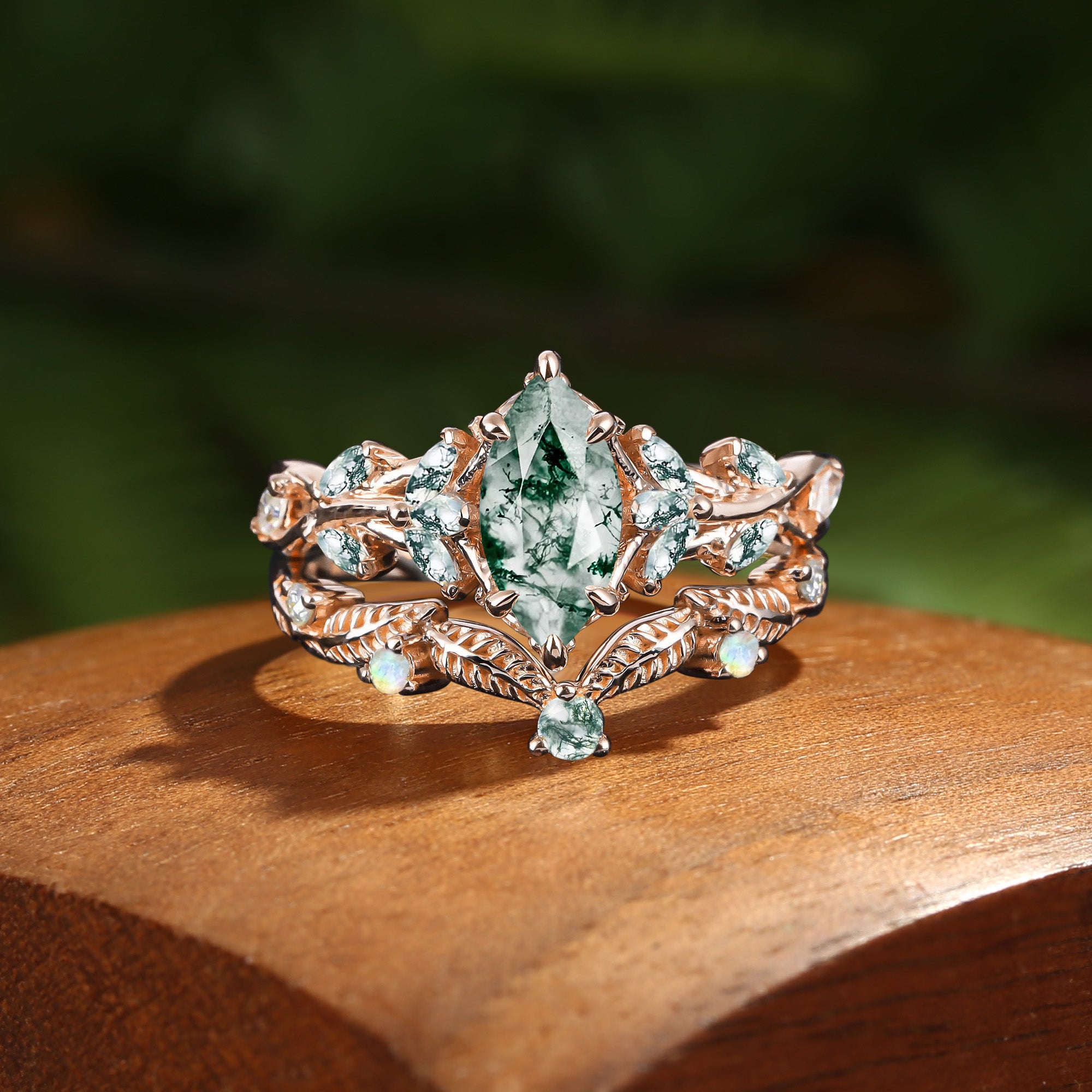 Willow - Nature Inspired Marquise Moss Agate Lush Leafy Engagement Ring
