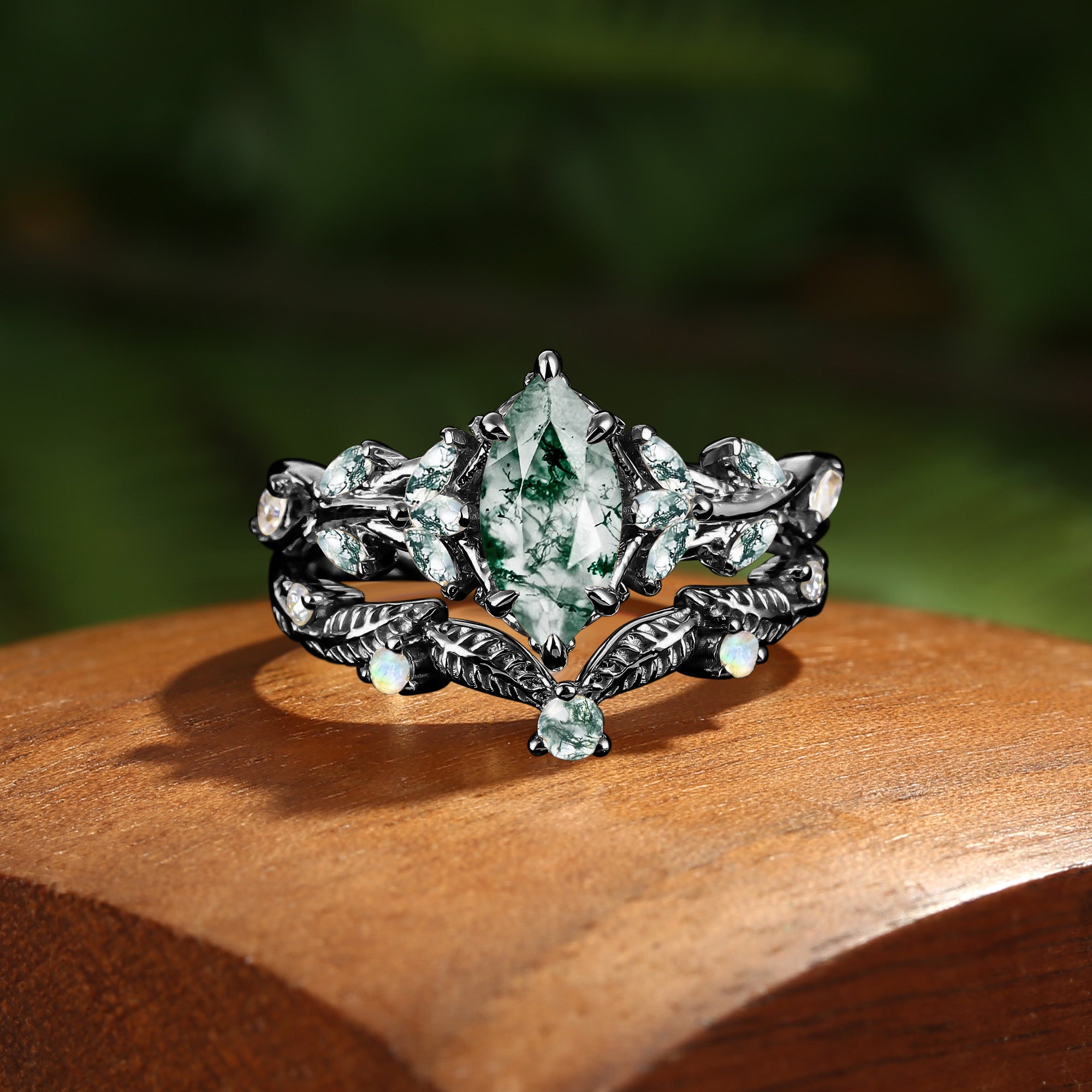 Willow - Nature Inspired Marquise Moss Agate Lush Leafy Engagement Ring