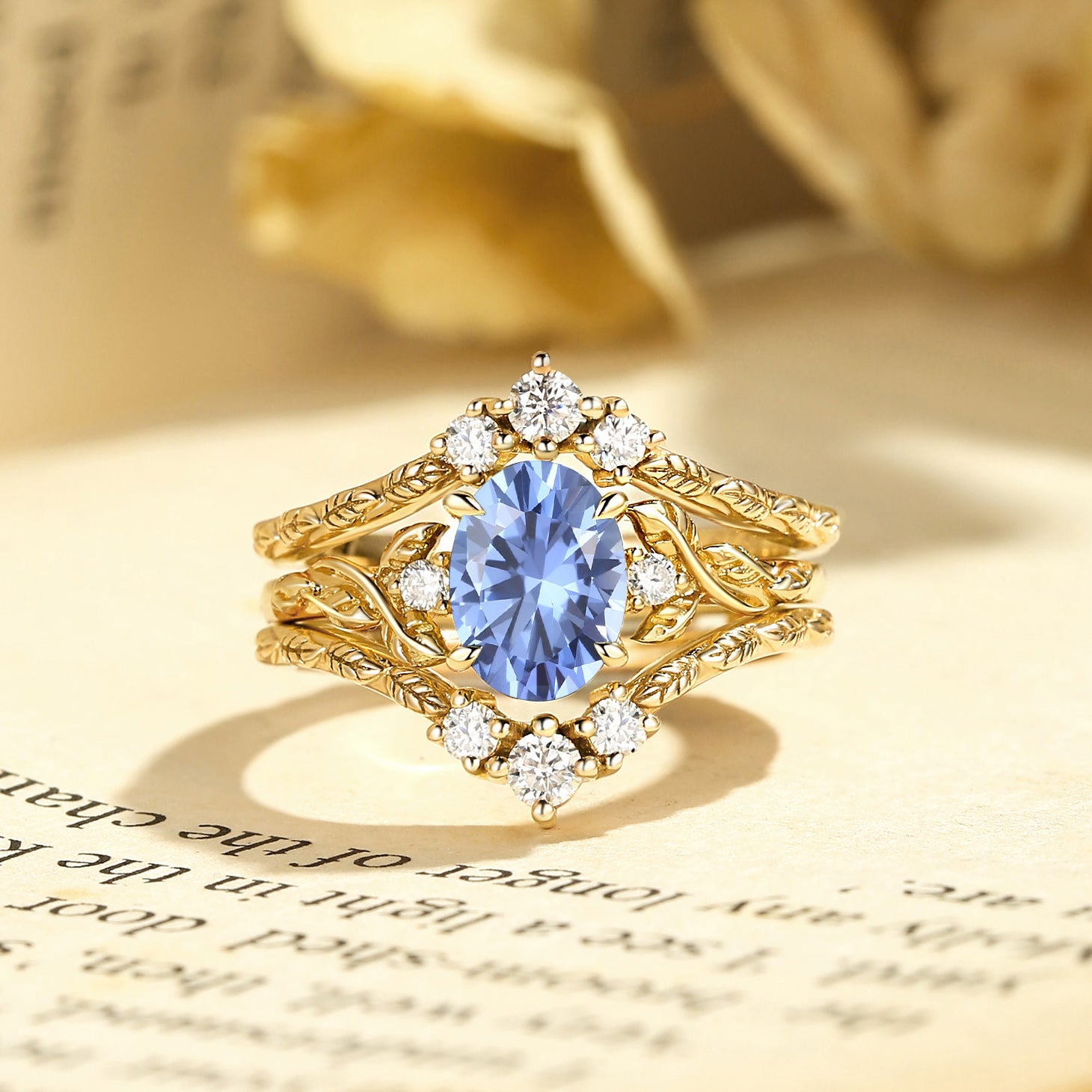 Josephine - Cornflower Blue Sapphire Oval Cut Leafy Filigree Bridal Set 2pcs