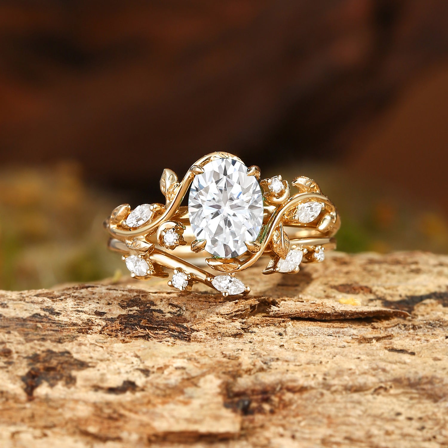 Diana - Oval Cut Leaf-Inspired Moissanite Engagement Ring Set 2pcs