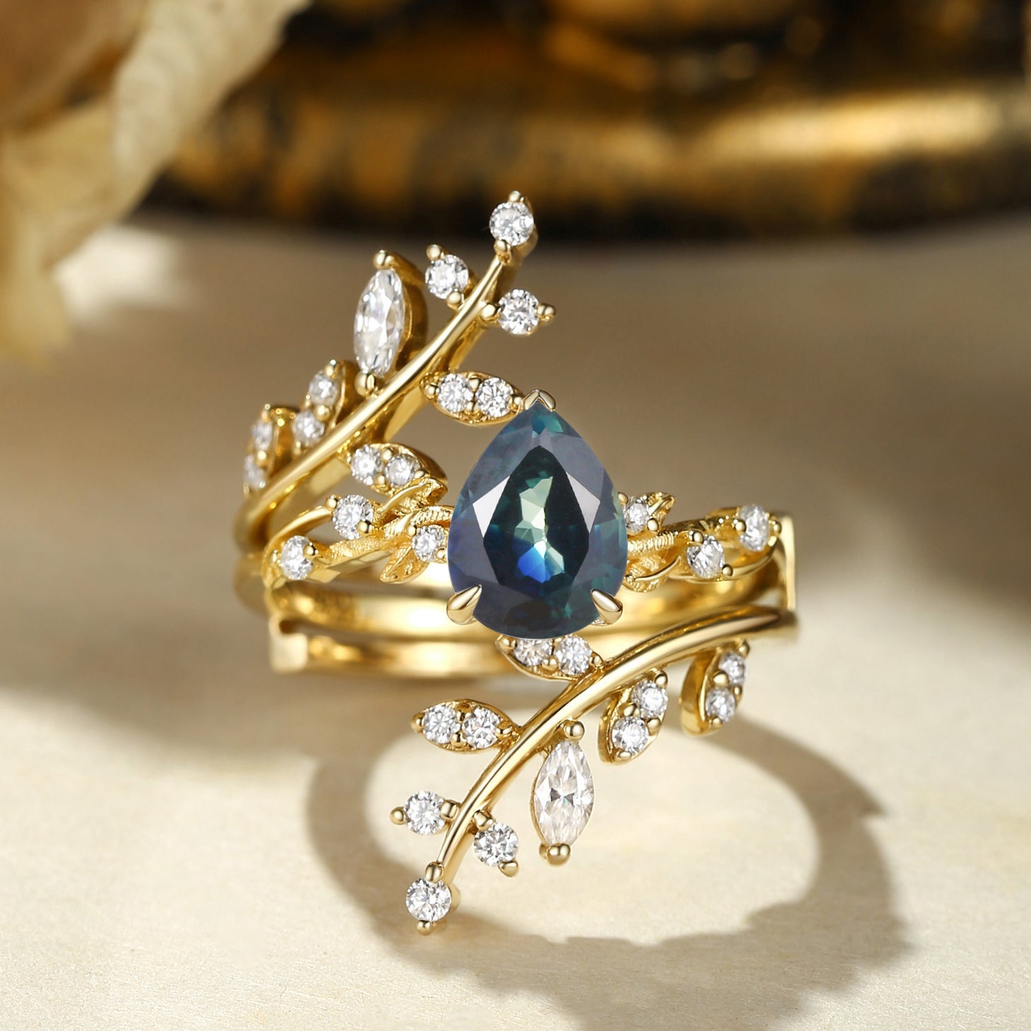 Elaine - Pear Cut Blue Green Sapphire Enhancer Bridal Set 2pcs