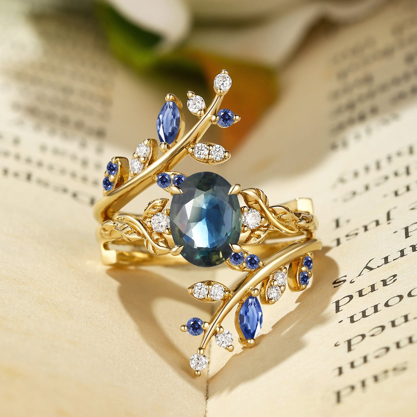 Florence - Blue Green Sapphire Oval Cut Enhancer Leafy Bridal Set 2pcs