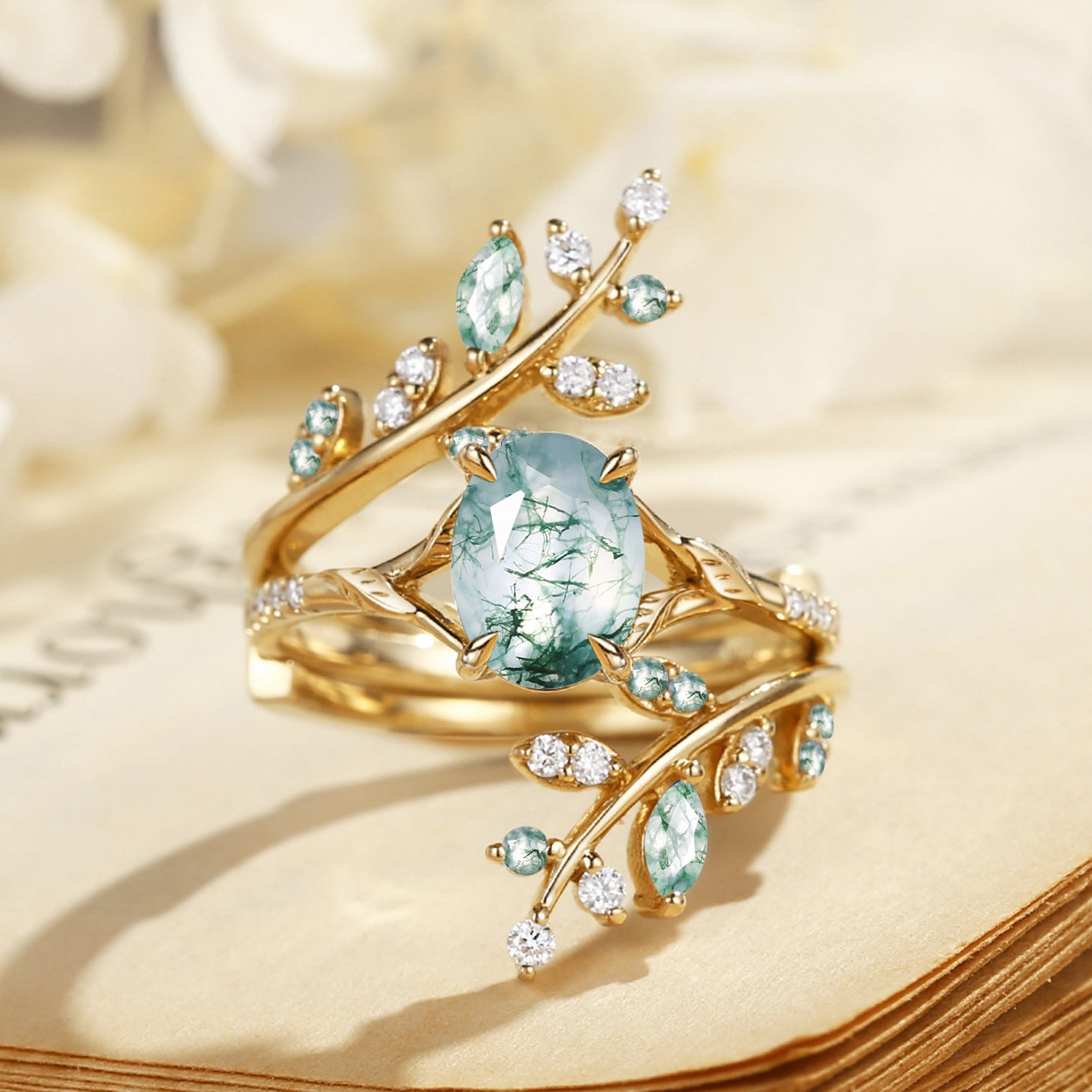 Daphne - Green Moss Agate Cluster Enhancer Ring Set 2pcs