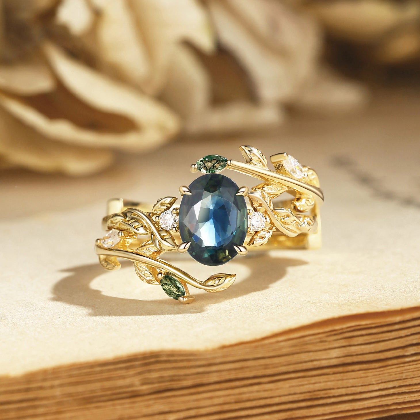 Helen - Blue Green Sapphire Leafy Engagement Ring Set 2pcs