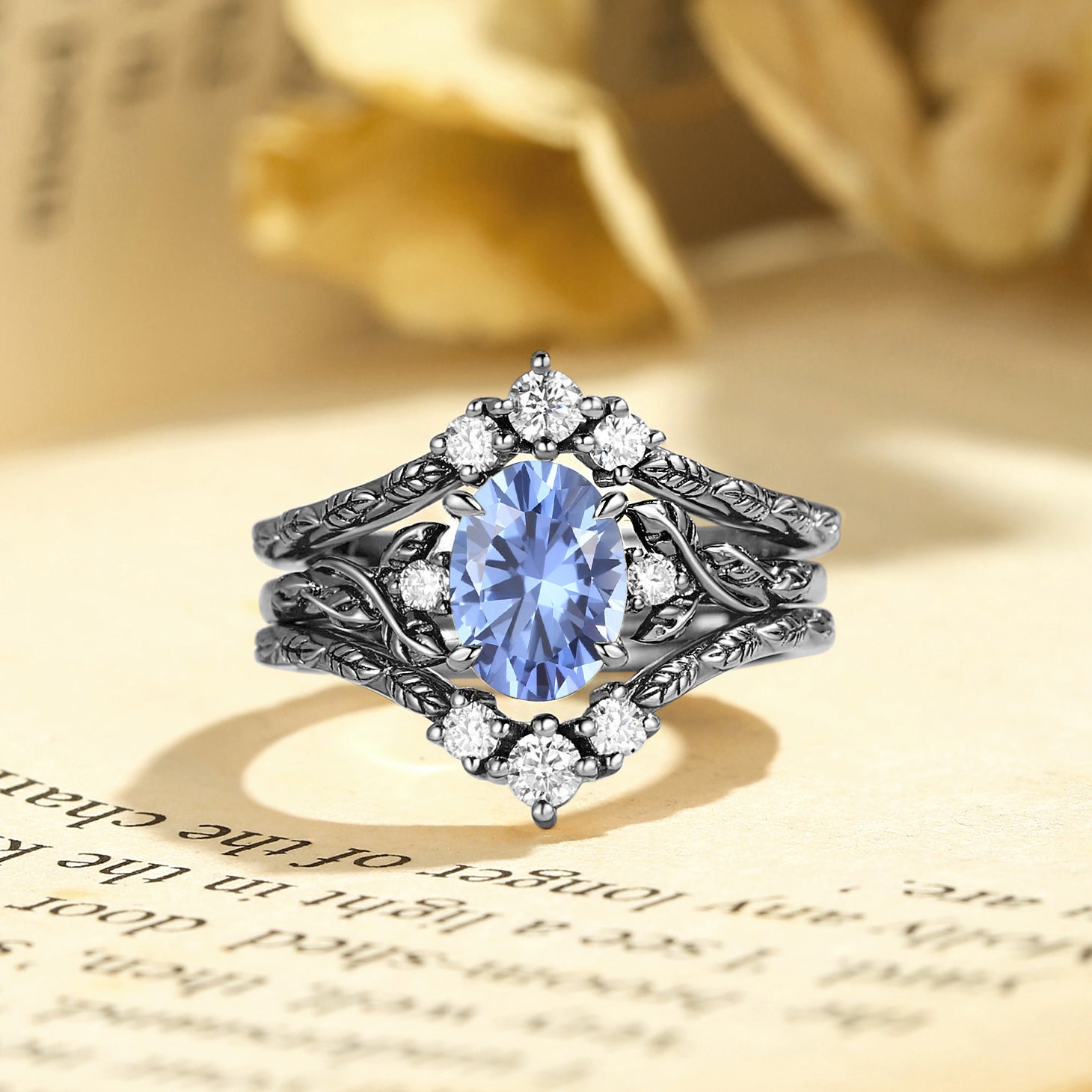 Josephine - Cornflower Blue Sapphire Oval Cut Leafy Filigree Bridal Set 2pcs