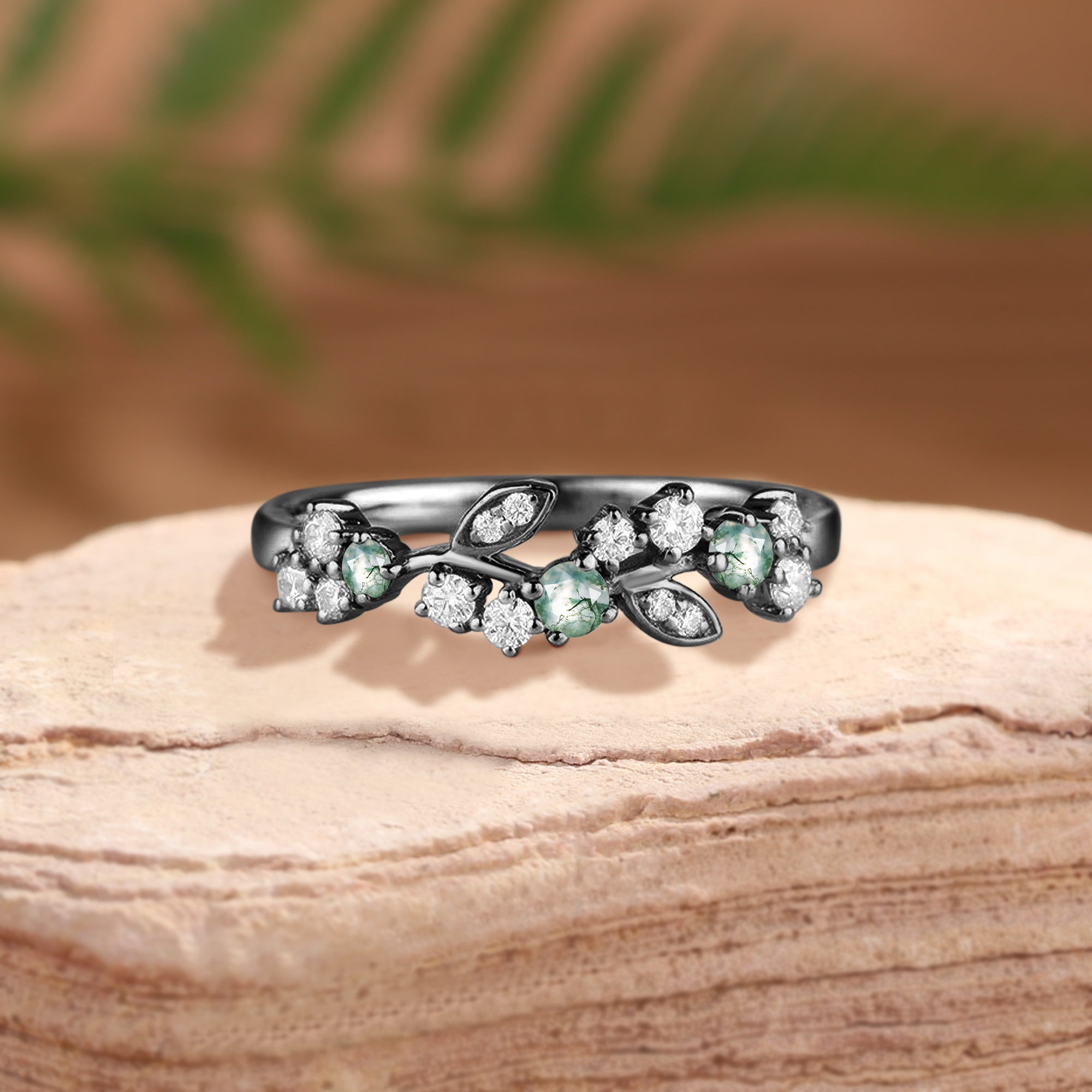 Grape Vine Moss Agate Promise Wedding Band
