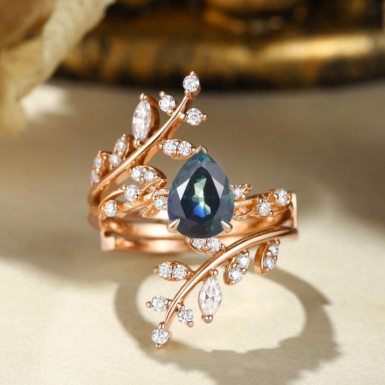 Elaine - Pear Cut Blue Green Sapphire Enhancer Bridal Set 2pcs