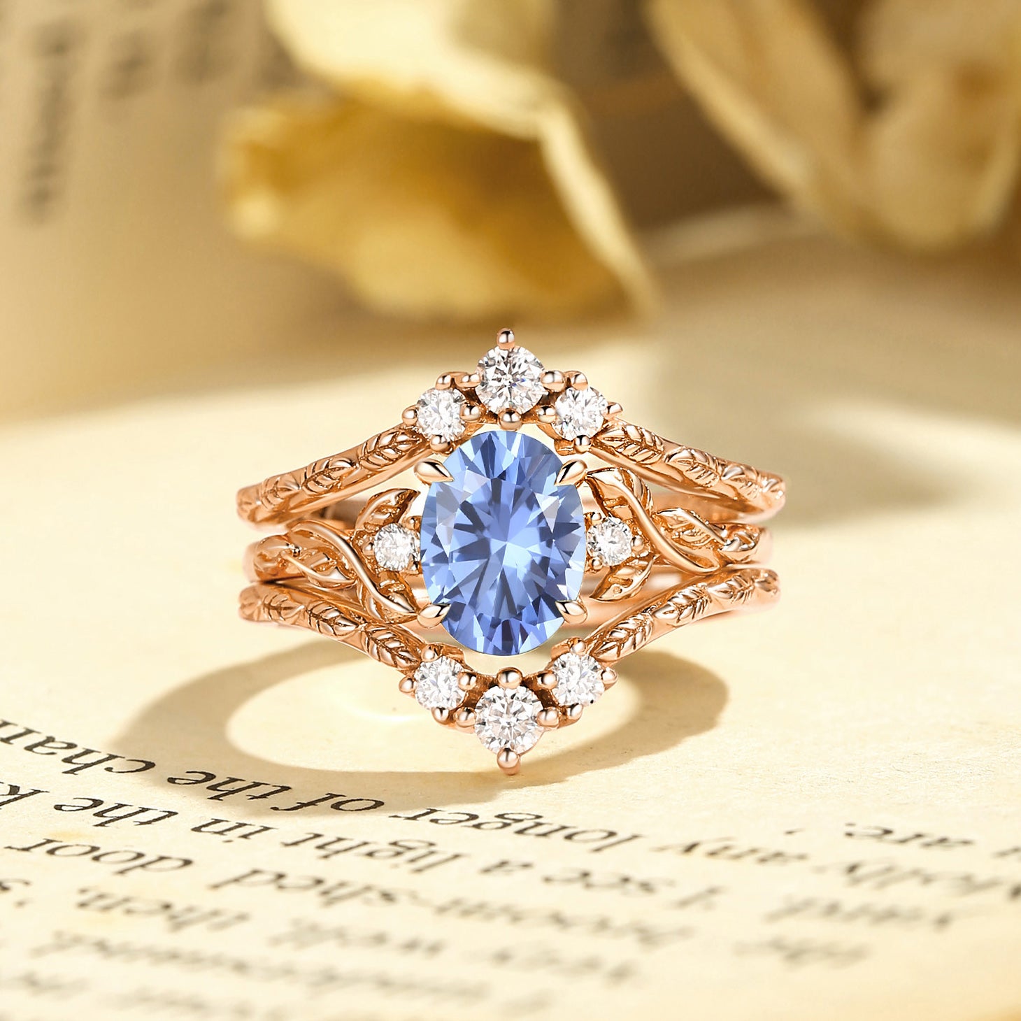 Josephine - Cornflower Blue Sapphire Oval Cut Leafy Filigree Bridal Set 2pcs