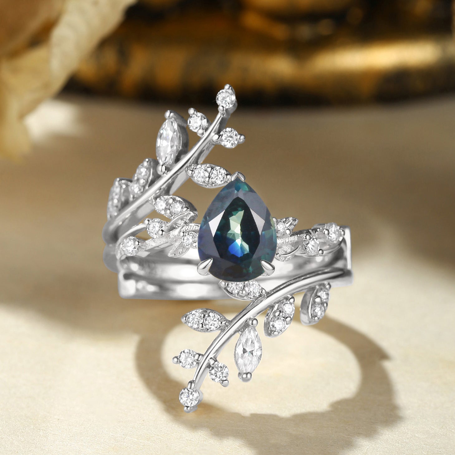 Elaine - Pear Cut Blue Green Sapphire Enhancer Bridal Set 2pcs