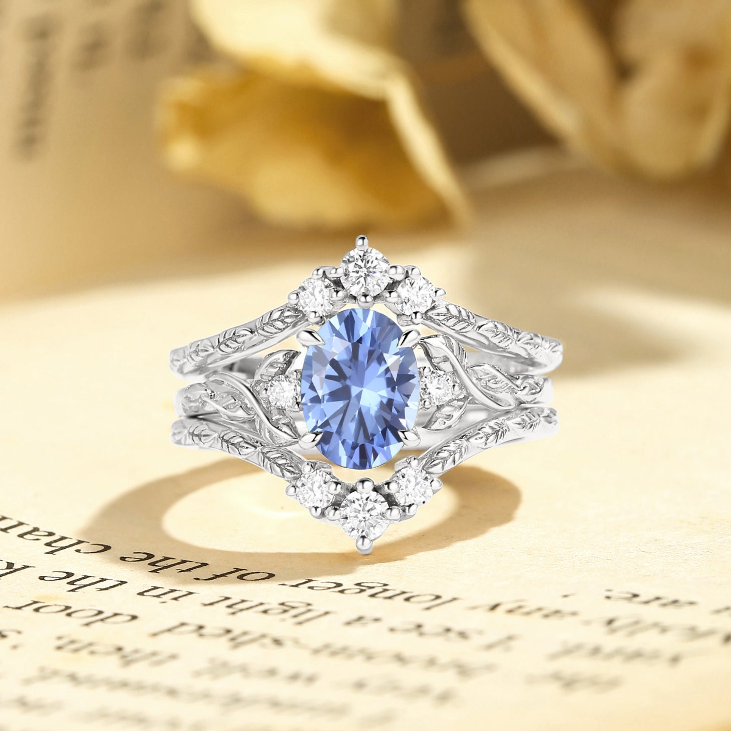 Josephine - Cornflower Blue Sapphire Oval Cut Leafy Filigree Bridal Set 2pcs