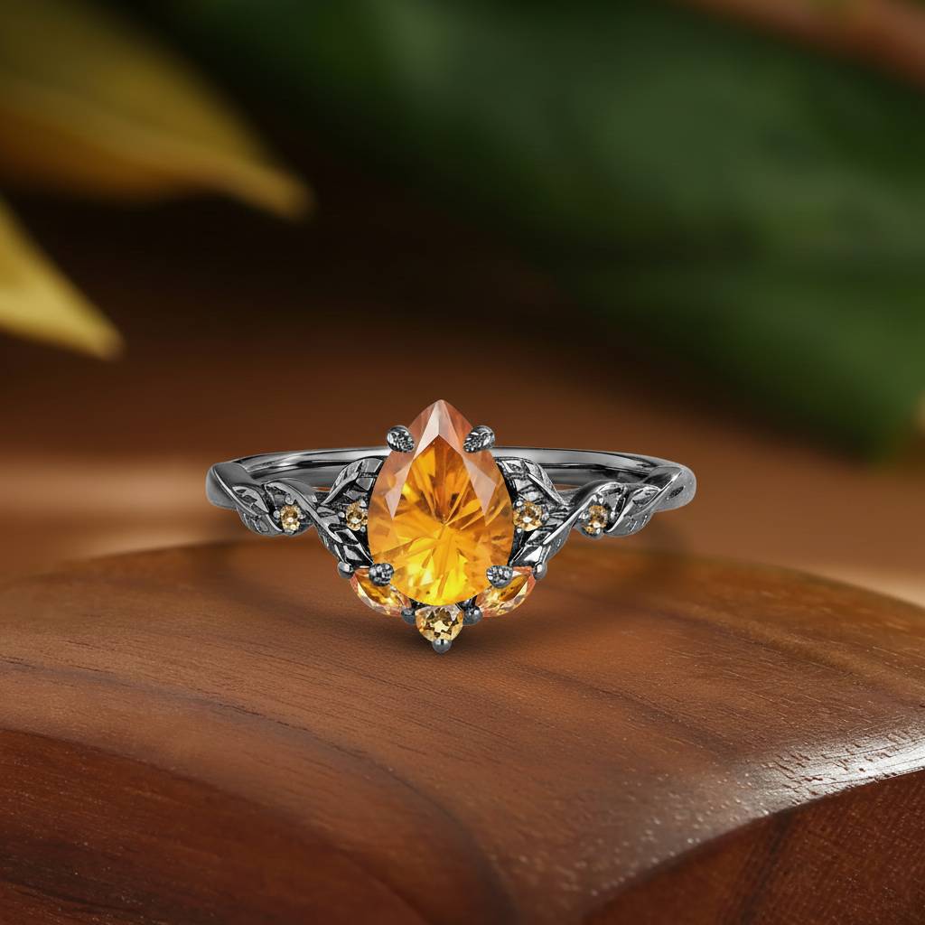 Clarissa -Twist Pear Firework Cut Citrine Leaf Engagement Ring