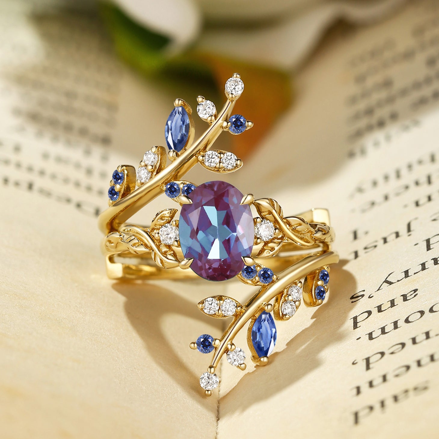 Florence - Alexandrite & Sapphire Oval Cut Enhancer Leafy Bridal Set 2pcs