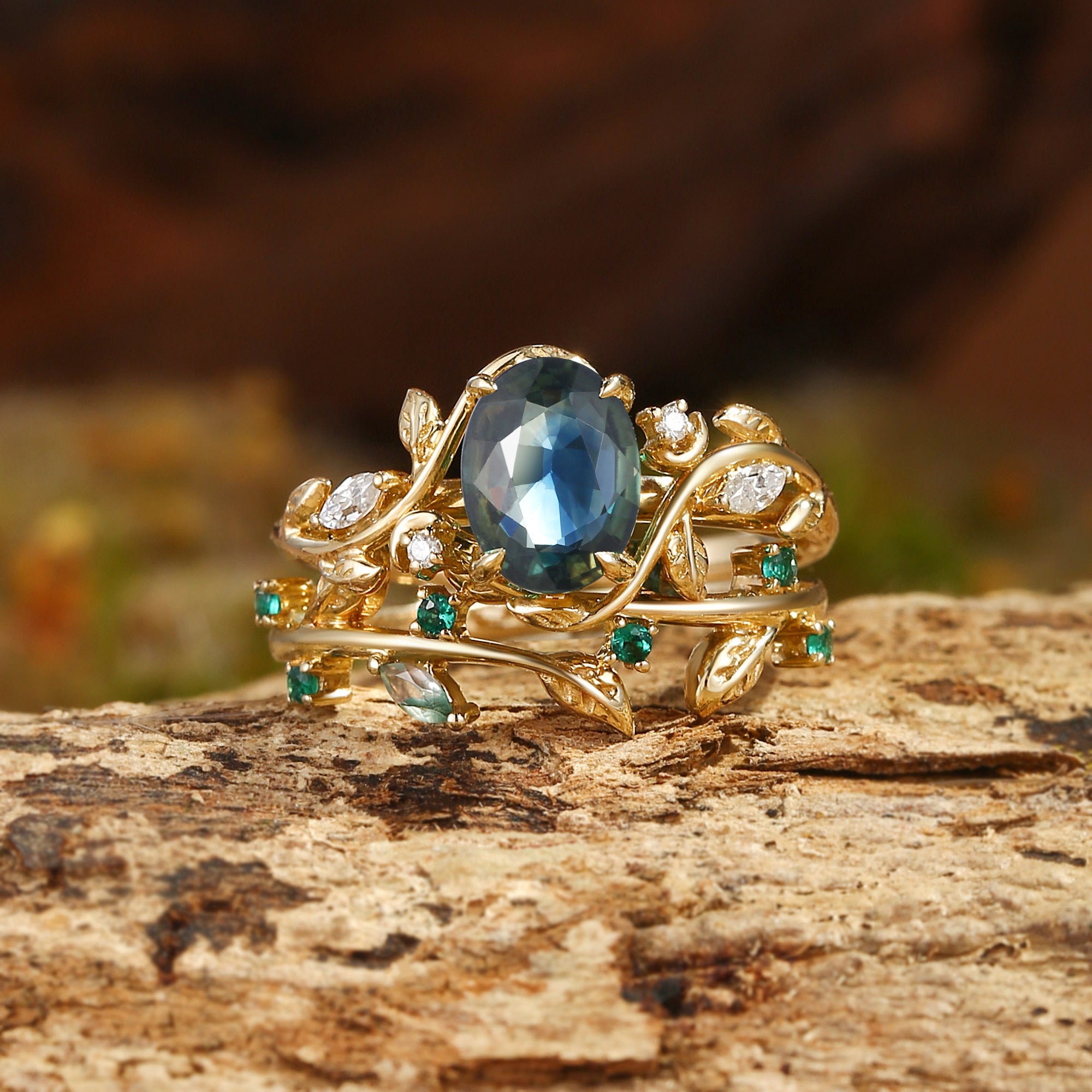 Désirée - Oval Cut Blue Green Sapphire Branch Leafy Engagement Ring Set 2pcs