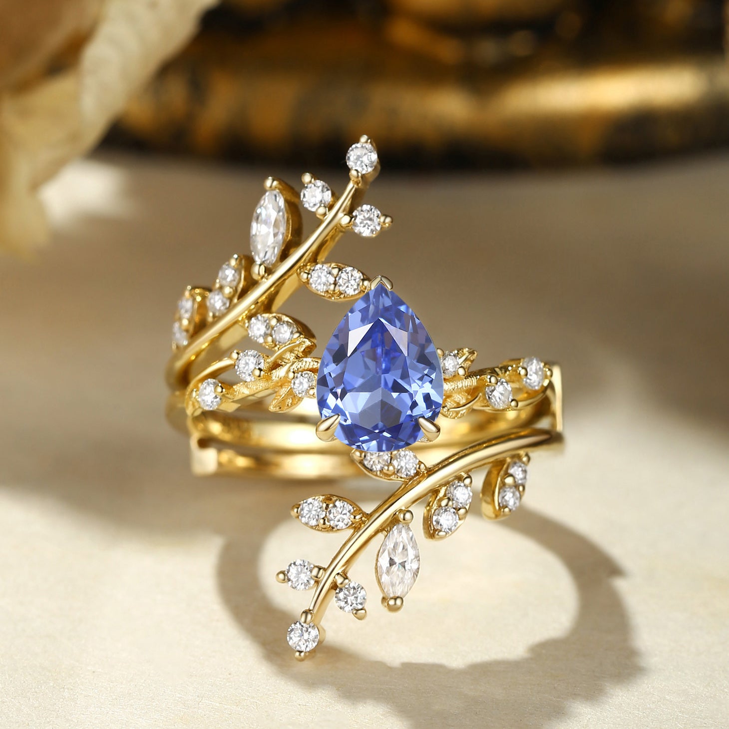 Elaine - Pear Cut Lab Cornflower Blue Sapphire Enhancer Bridal Set 2pcs