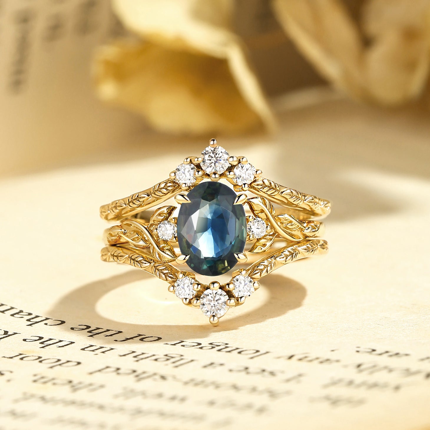 Josephine - Blue Green Sapphire Oval Cut Leafy Filigree Bridal Set 2pcs