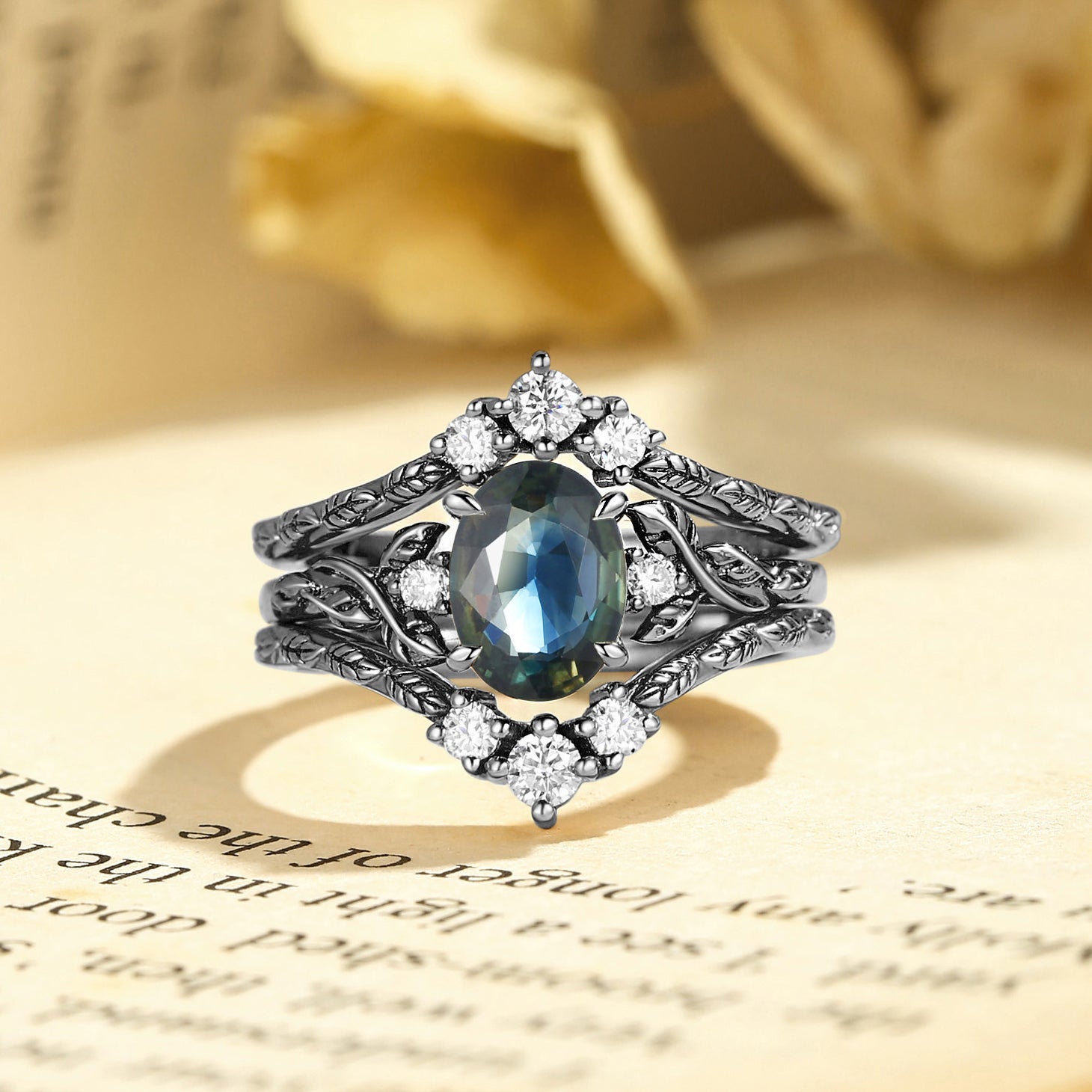 Josephine - Blue Green Sapphire Oval Cut Leafy Filigree Bridal Set 2pcs