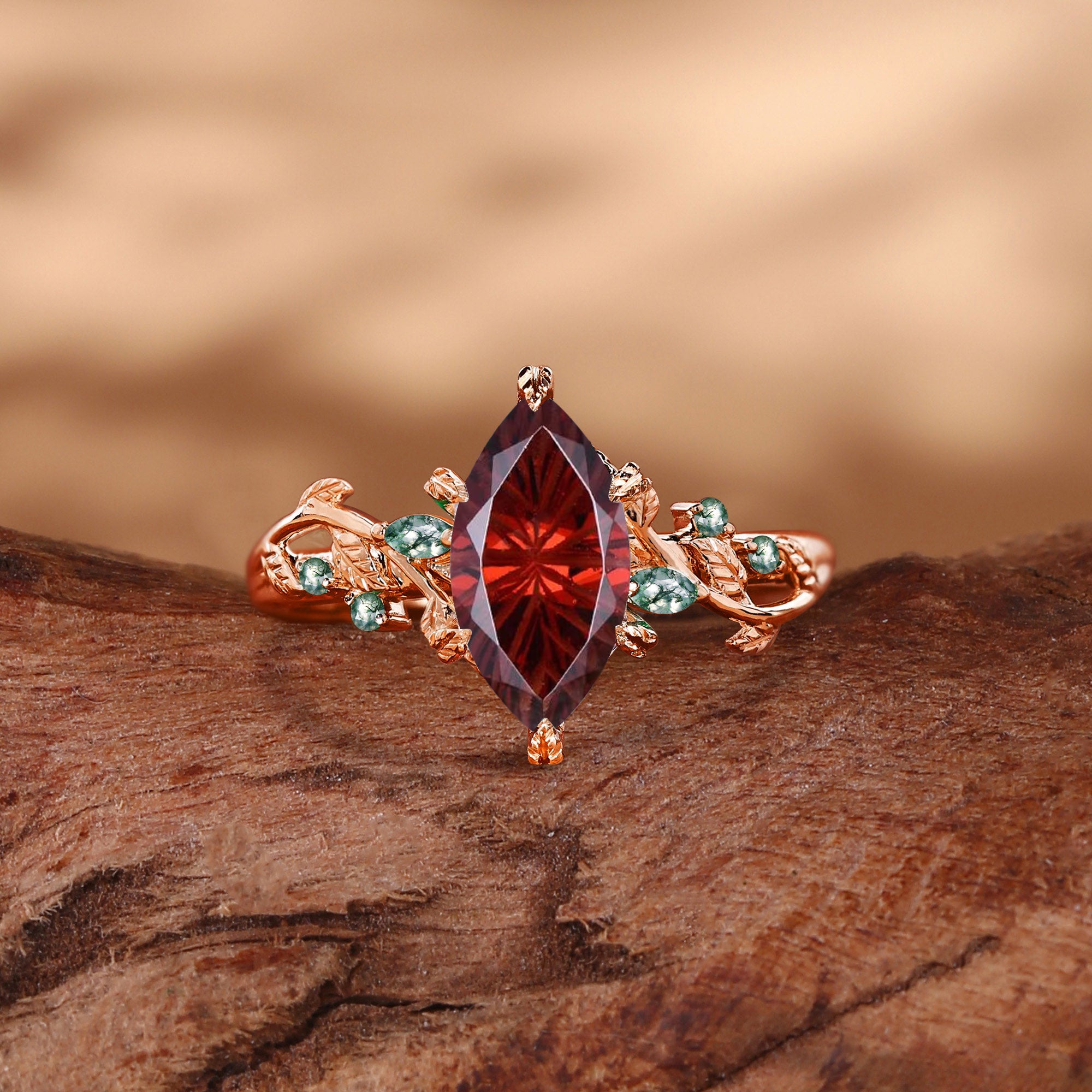 Nature Inspired Firework Marquise Cut Garnet Leafy Twist Engagement Ring