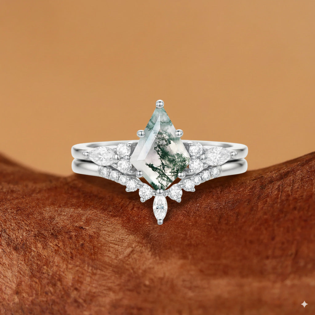Kaia - Vintage Kite Cut Green Moss Agate Bridal Set 2pcs