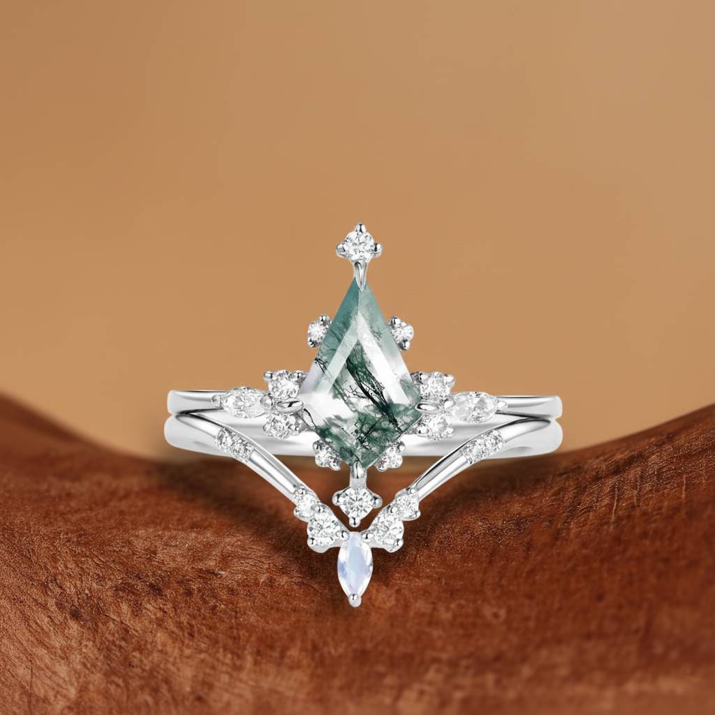 Odette - Unique Kite Cut Moss Agate Engagement Ring Sets 2pcs