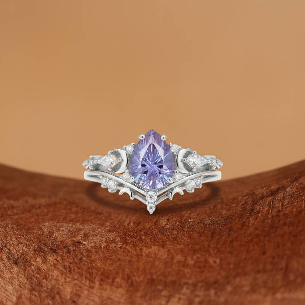 Melia -  Firework Cut Alexandrite Moon Nature Inspired Engagement Ring Set 2pcs