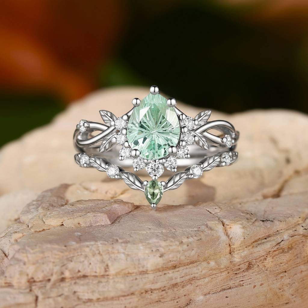 Drisana - Fireworks Cut Pear Green Sapphire Engagement Ring Set 2pcs