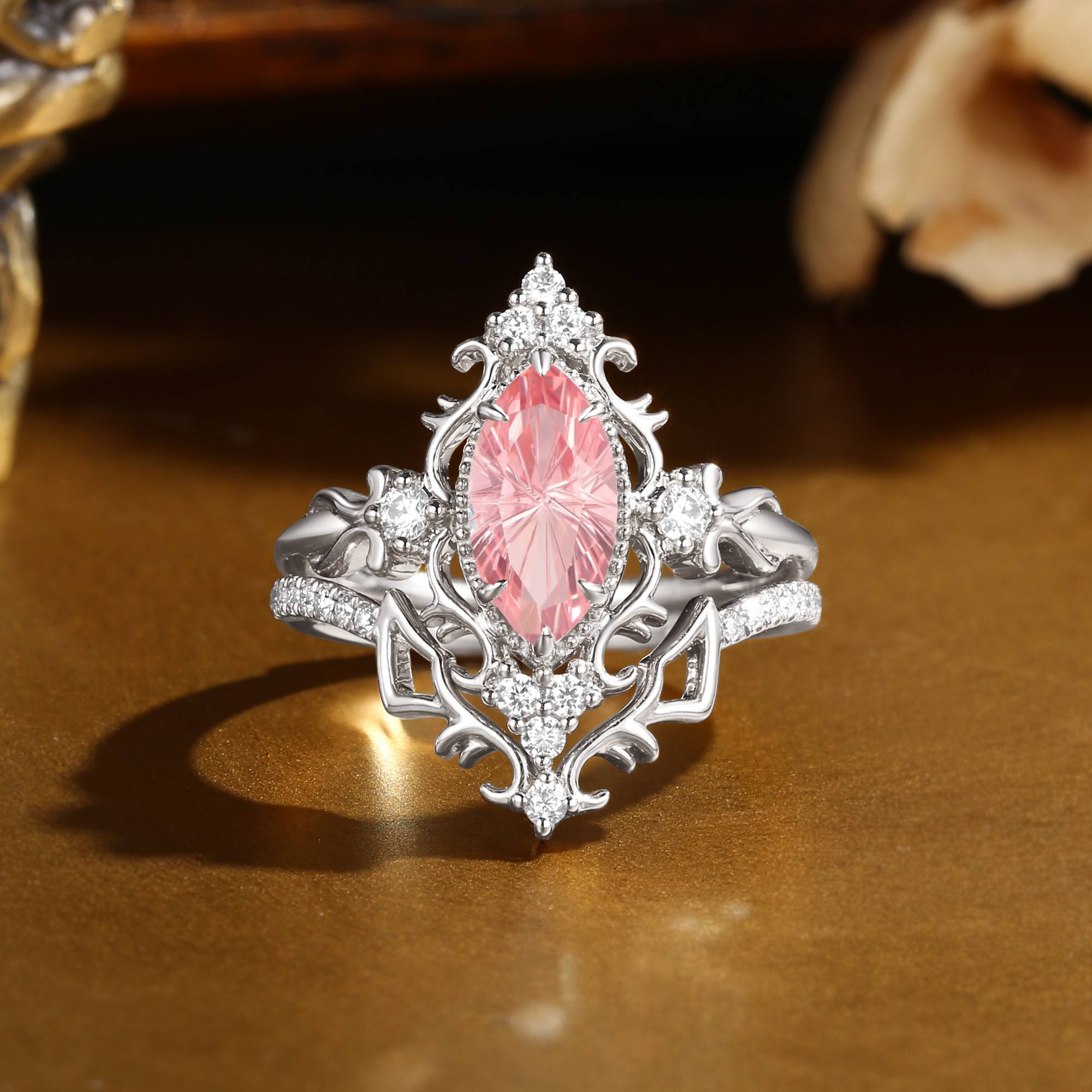 Eugenie - Marquise Firework Cut Padparadscha Royalcore Victorian Vintage Ribbon Bridal Sets 2PCS