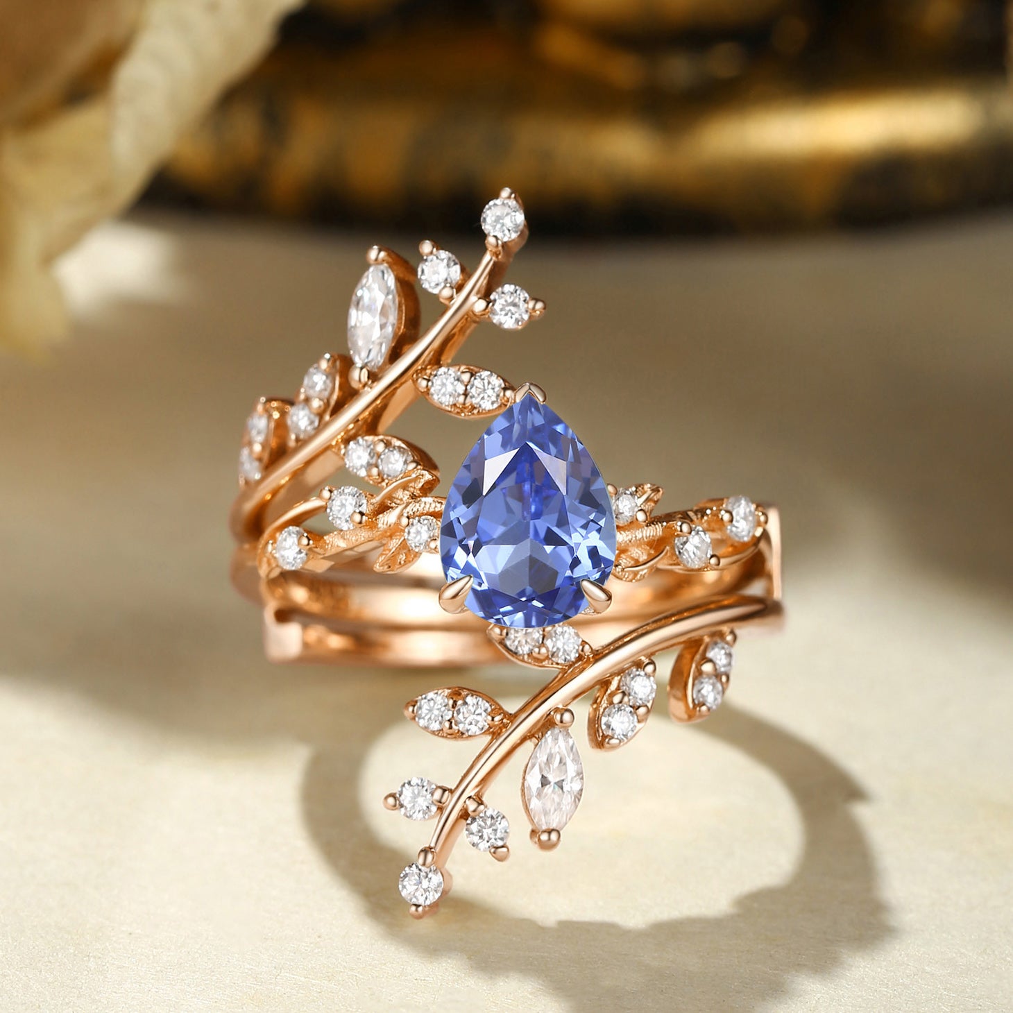 Elaine - Pear Cut Lab Cornflower Blue Sapphire Enhancer Bridal Set 2pcs