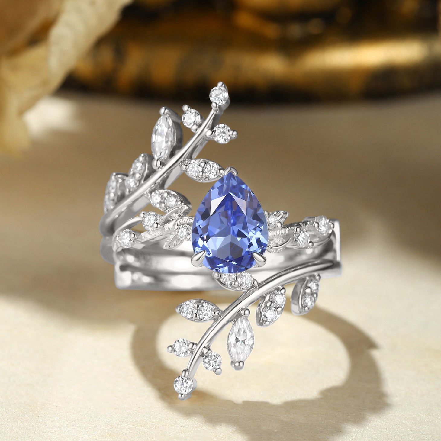 Elaine - Pear Cut Lab Cornflower Blue Sapphire Enhancer Bridal Set 2pcs