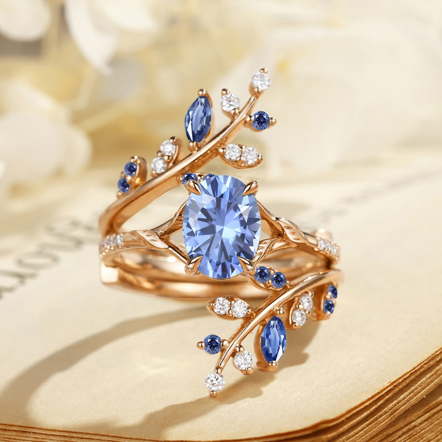 Daphne - Lab Cornflower Blue Sapphire Cluster Enhancer Ring Set 2pcs
