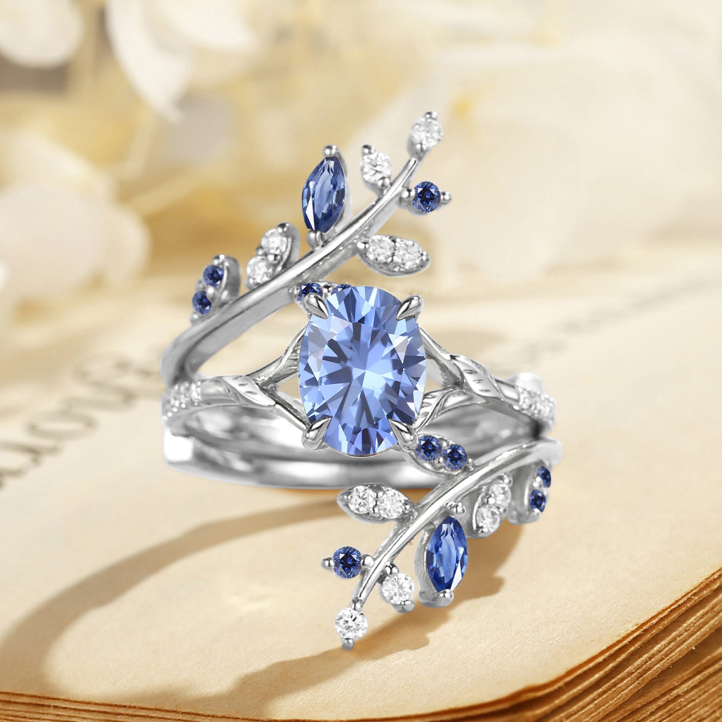 Daphne - Lab Cornflower Blue Sapphire Cluster Enhancer Ring Set 2pcs