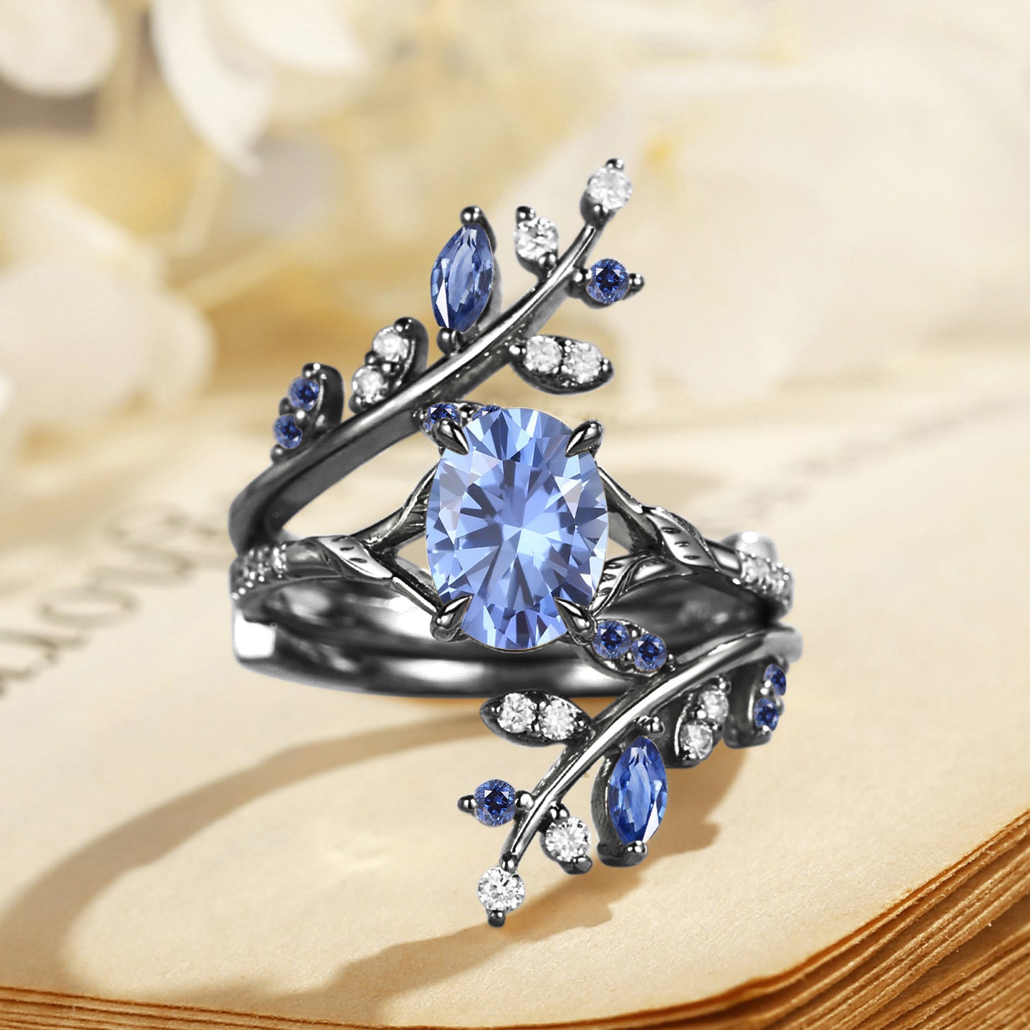 Daphne - Lab Cornflower Blue Sapphire Cluster Enhancer Ring Set 2pcs