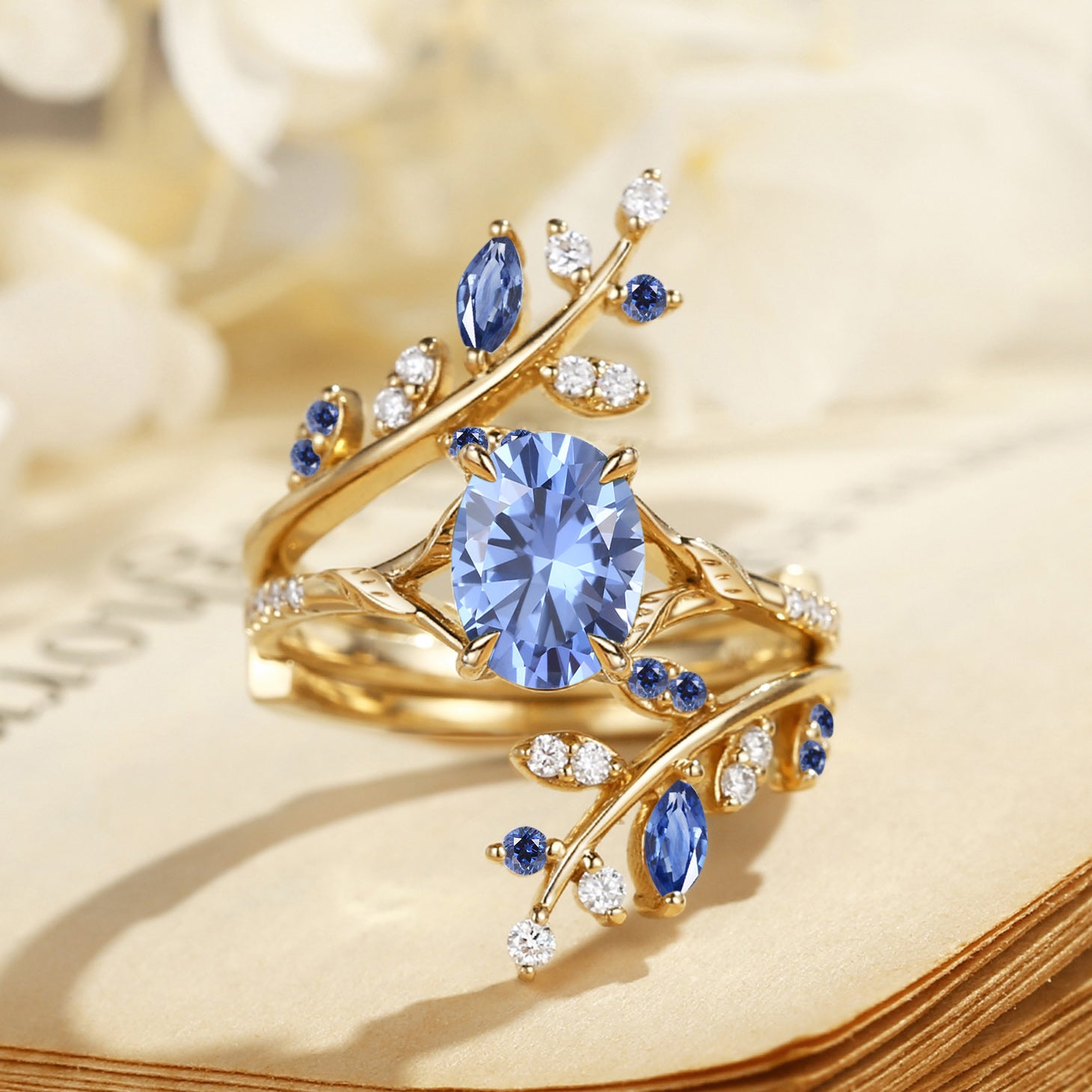 Daphne - Lab Cornflower Blue Sapphire Cluster Enhancer Ring Set 2pcs