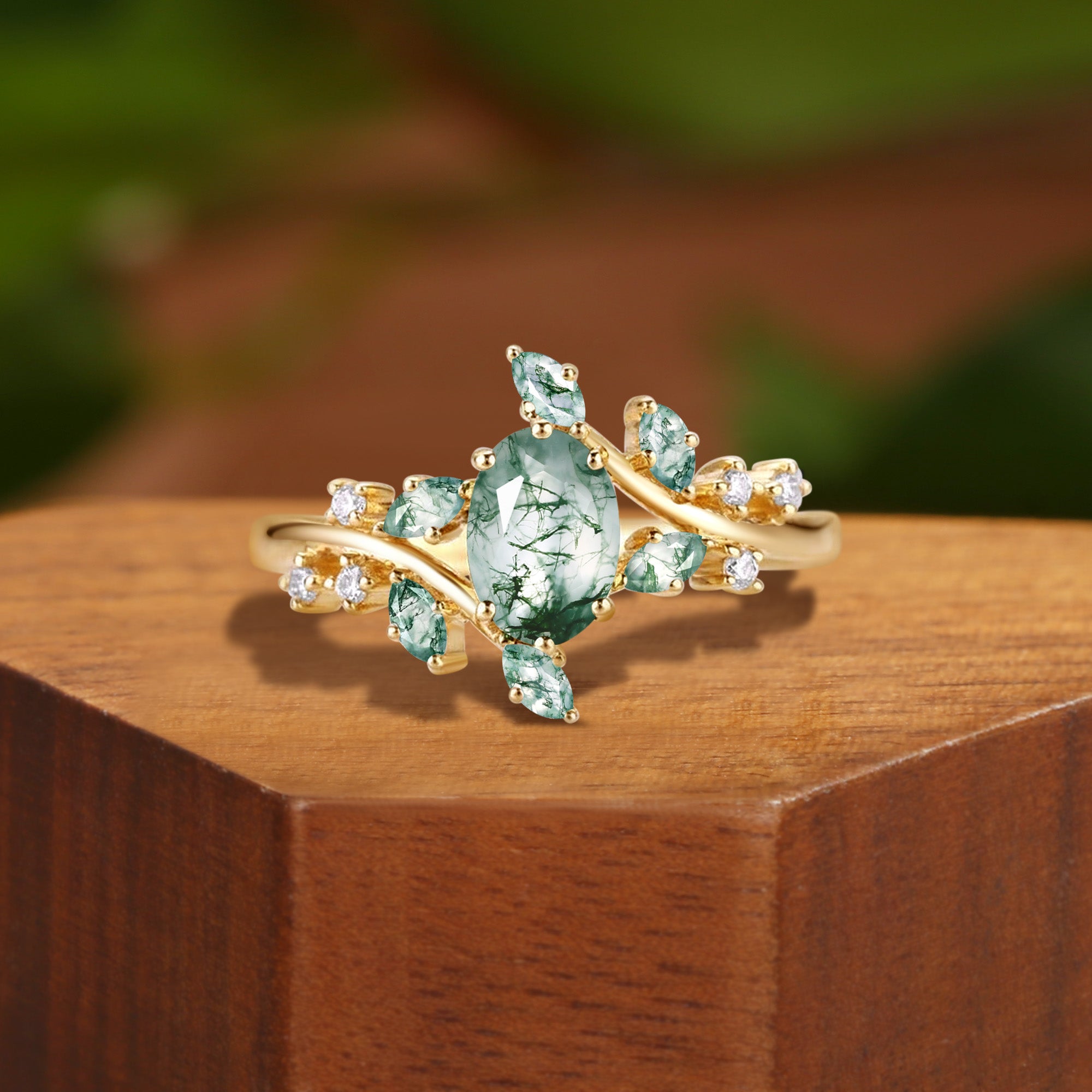 Bella - Moss Agate Cluster Inspired by Nature Engagement Ring