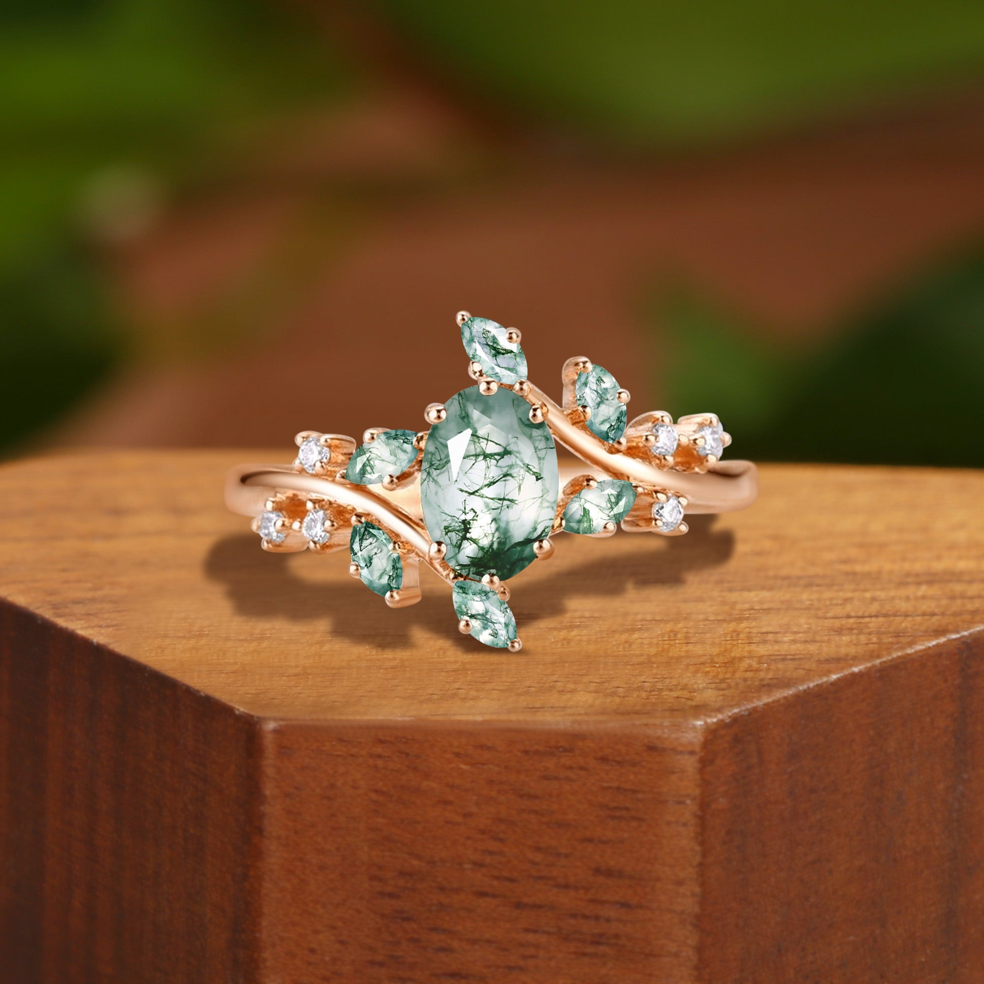 Bella - Moss Agate Cluster Inspired by Nature Engagement Ring