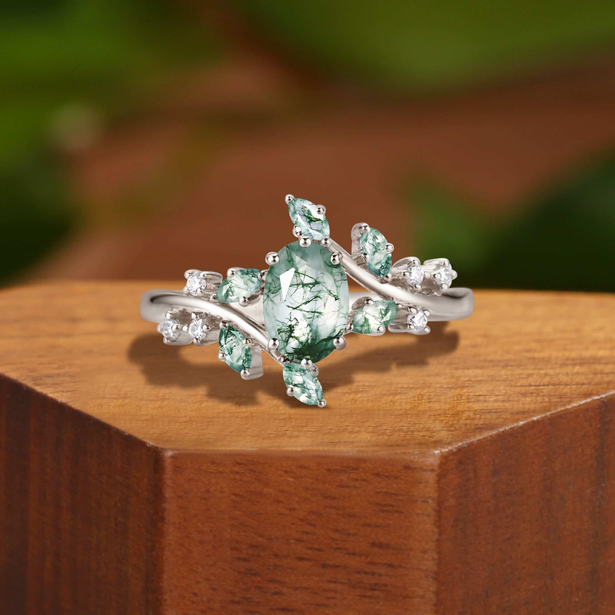 Bella - Moss Agate Cluster Inspired by Nature Engagement Ring