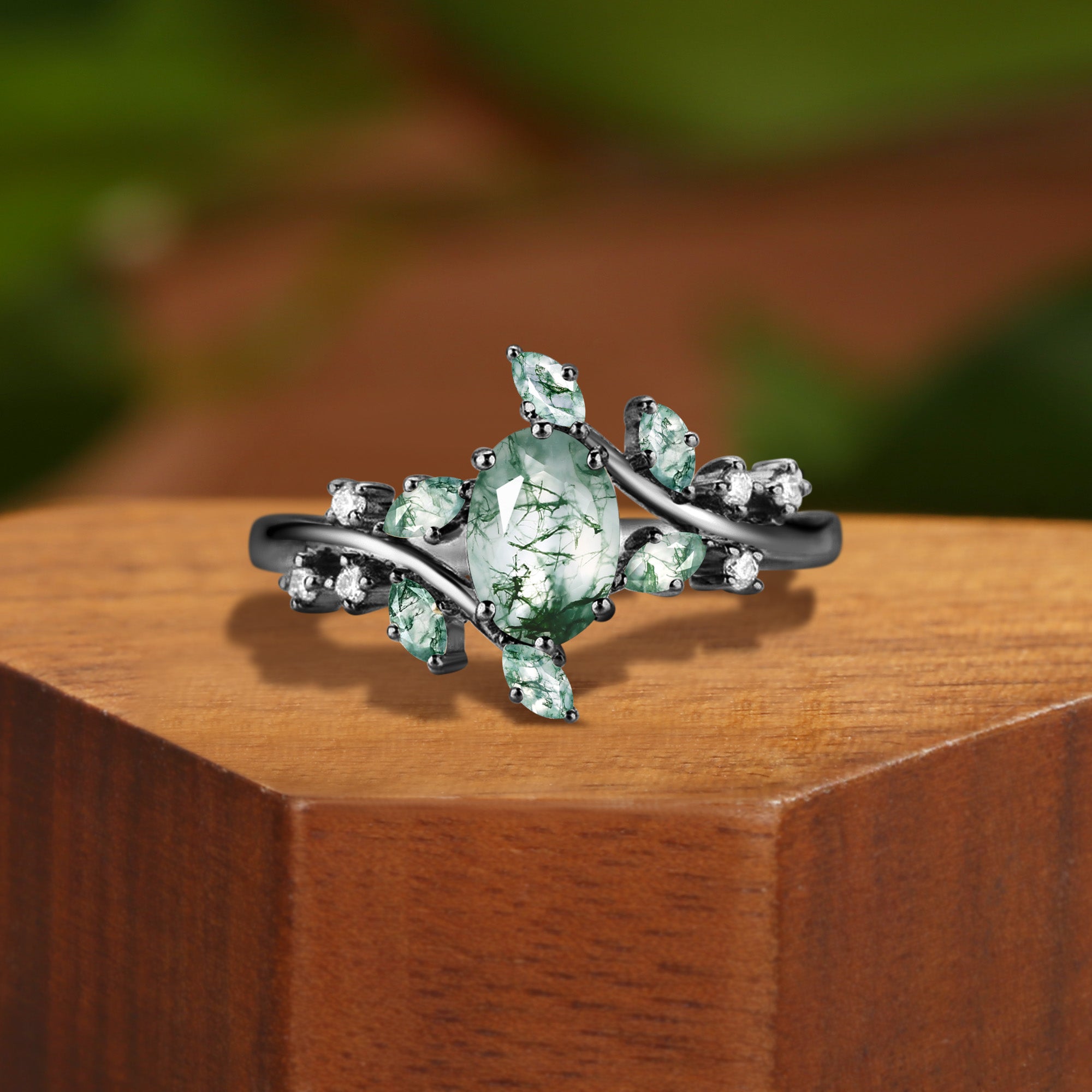 Bella - Moss Agate Cluster Inspired by Nature Engagement Ring