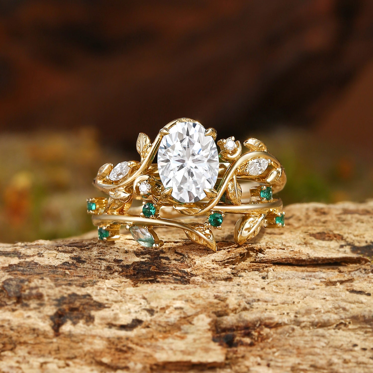 Désirée - Oval Cut Moissanite Branch Leafy Engagement Ring Set 2pcs