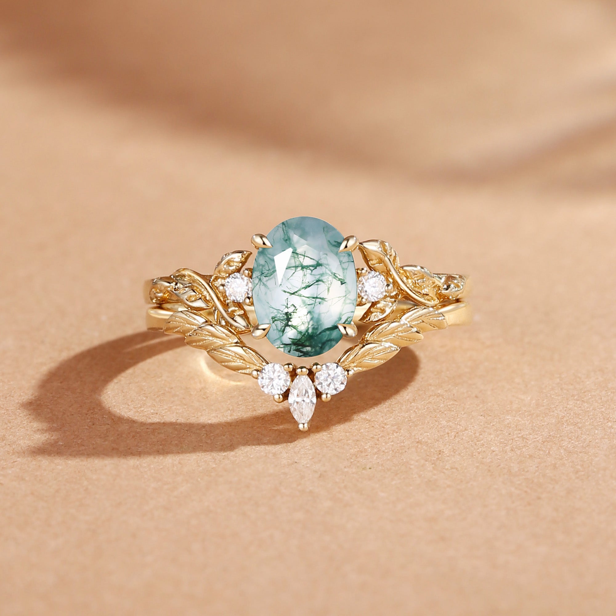 Eden - Nature Inspried Moss Agate Oval Cut Engagement Ring Set 2pcs