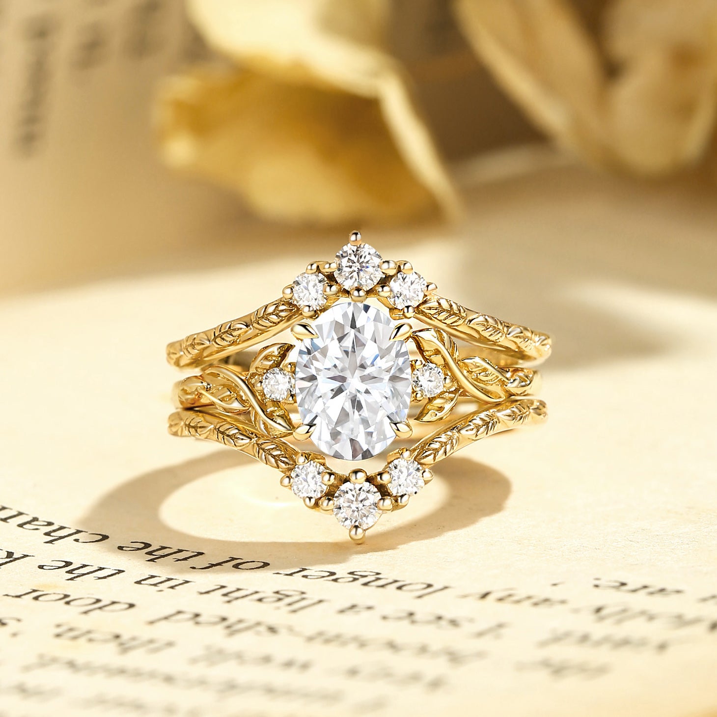 Josephine - Moissanite Oval Cut Leafy Filigree Bridal Set 2pcs