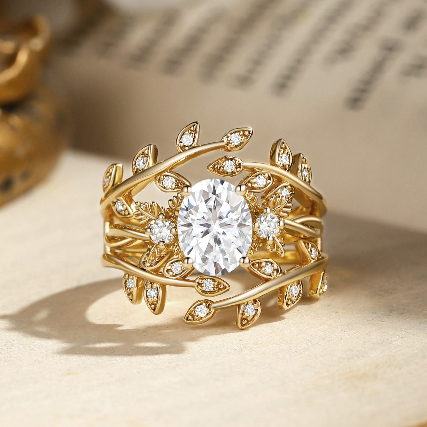 Léonie - Oval Cut Moissanite Leafy Enhancer Ring Set 2pcs