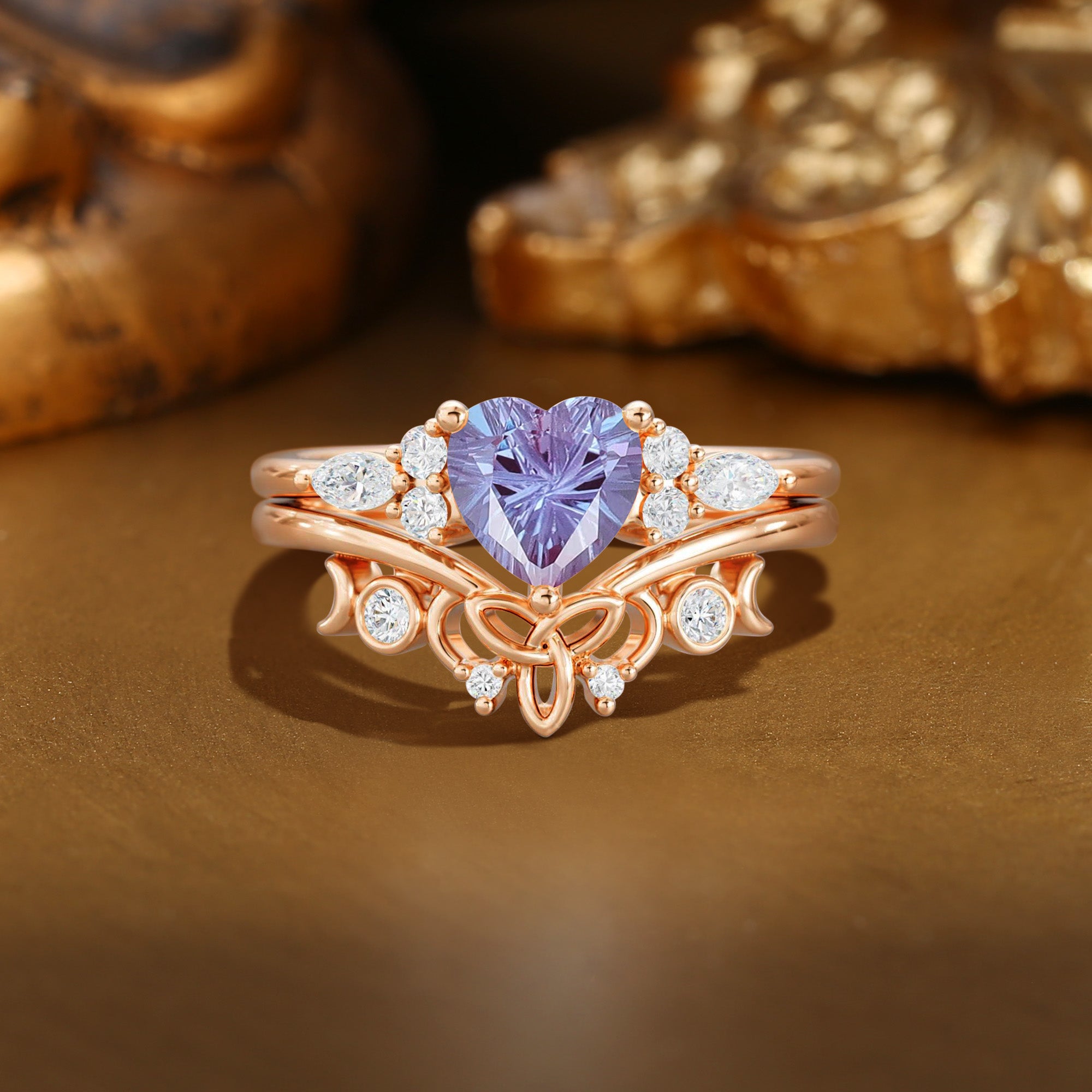 Briar - Firework Cut Heart Alexandrite Celtic Knot & Moon Ring Set 2PCS