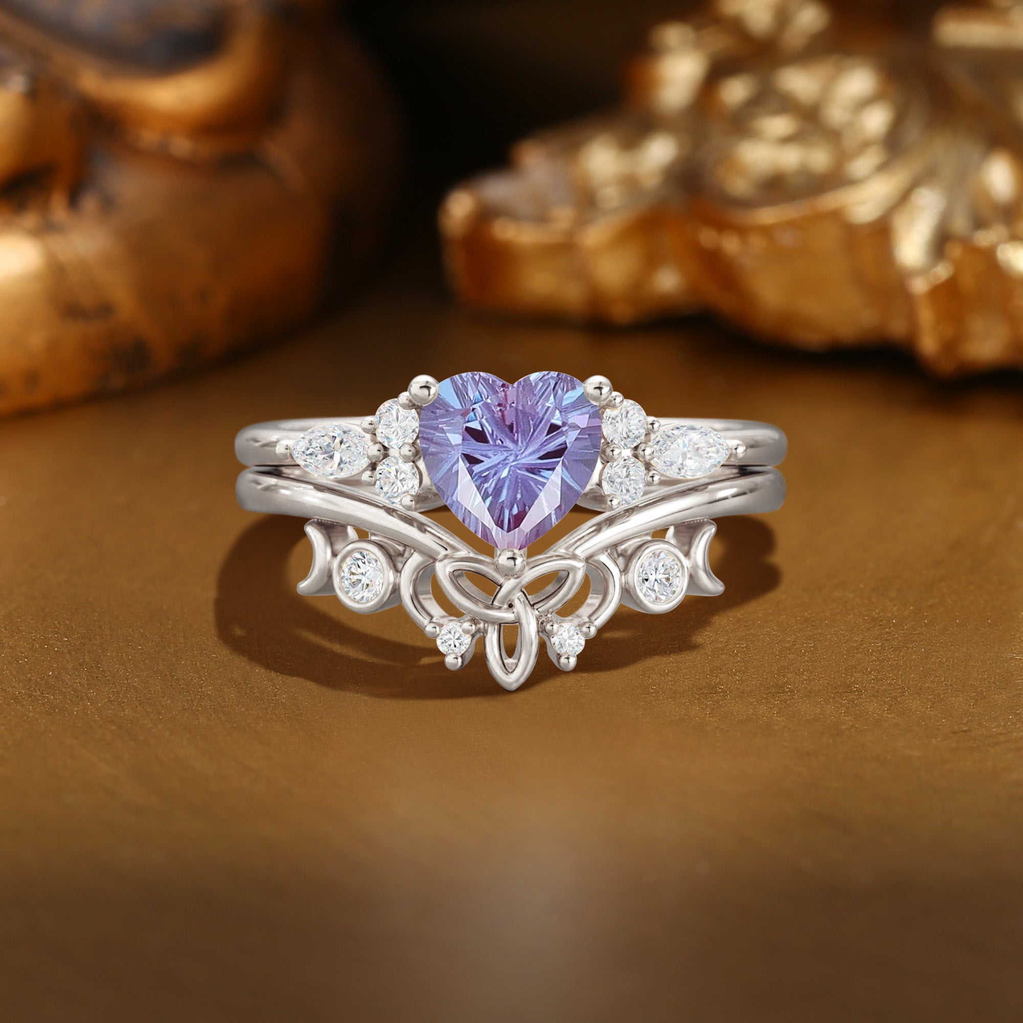 Briar - Firework Cut Heart Alexandrite Celtic Knot & Moon Ring Set 2PCS