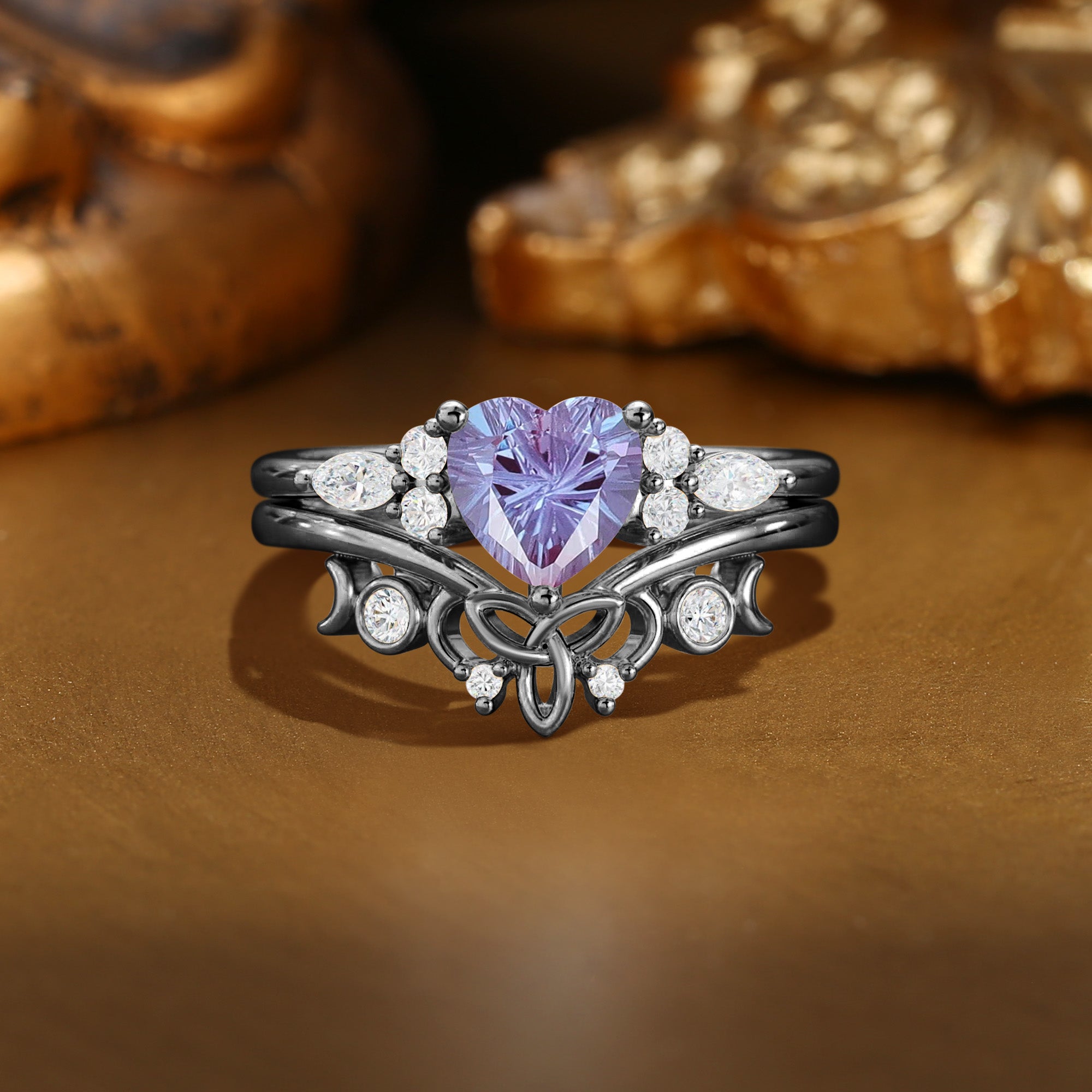 Briar - Firework Cut Heart Alexandrite Celtic Knot & Moon Ring Set 2PCS